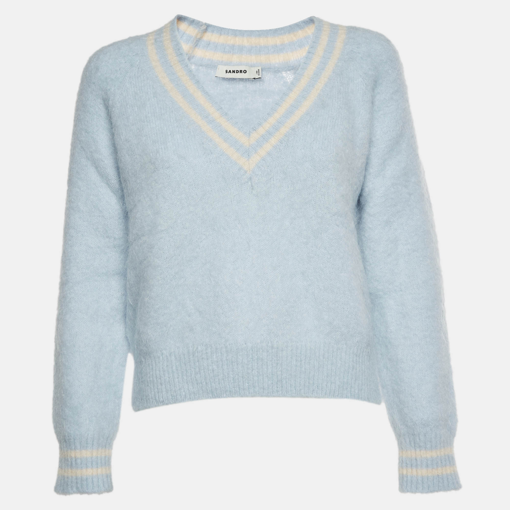 Sandro Blue Mohair Blend Knit V-Neck Cleo Sweater S