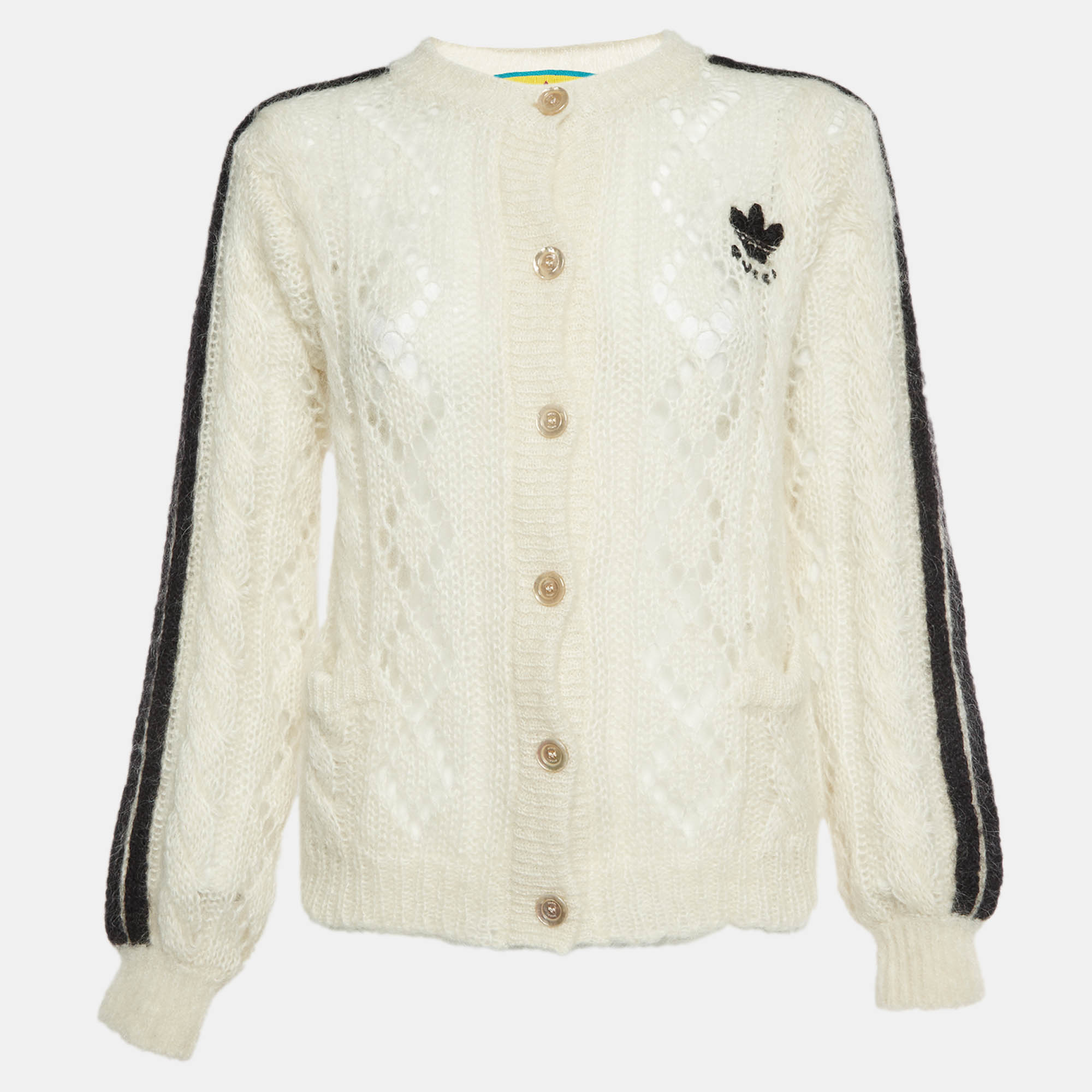 Gucci X Adidas White Pointelle and Cable Knit Cardigan S