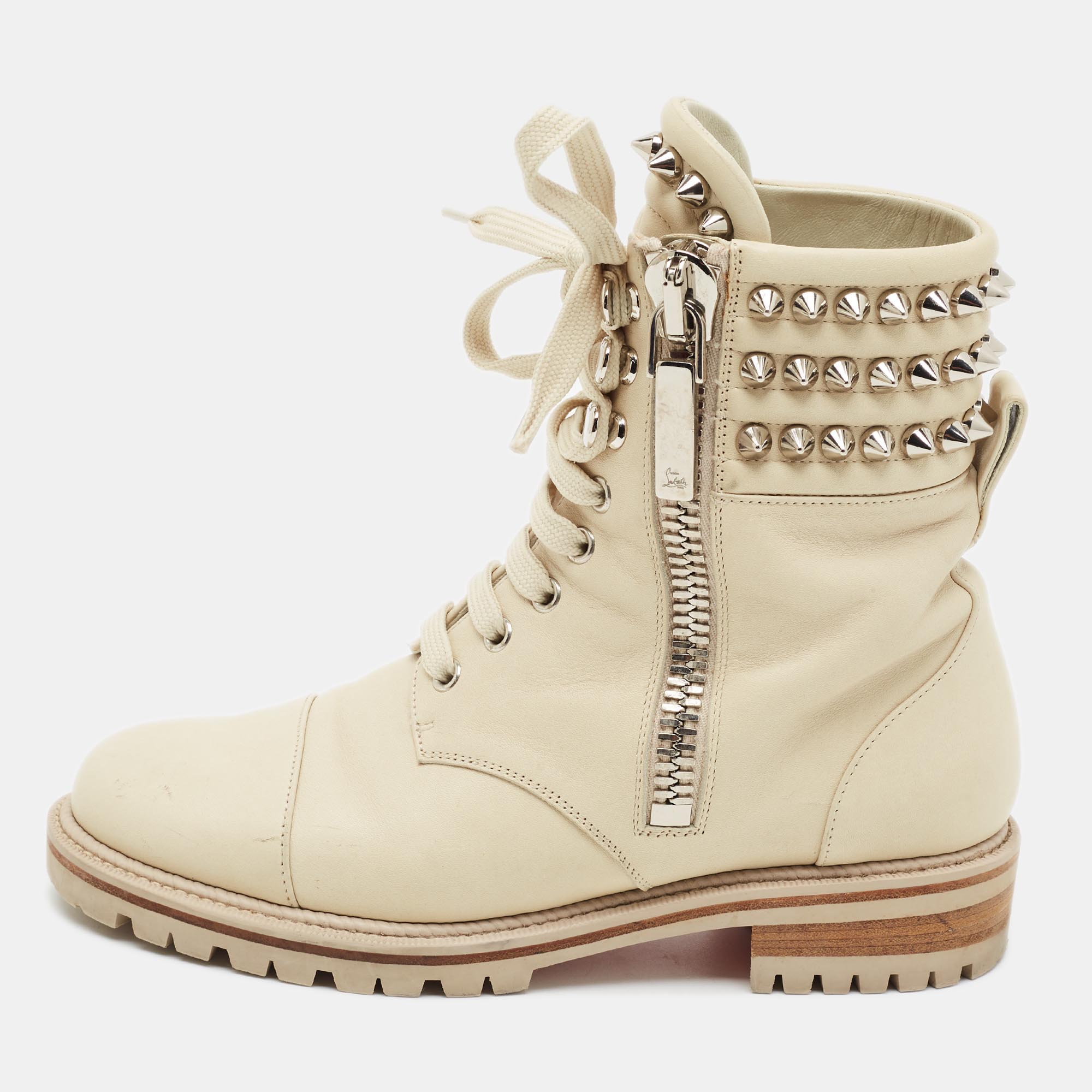 Christian Louboutin Spike Size 37 Cream Leather Combat Boots
