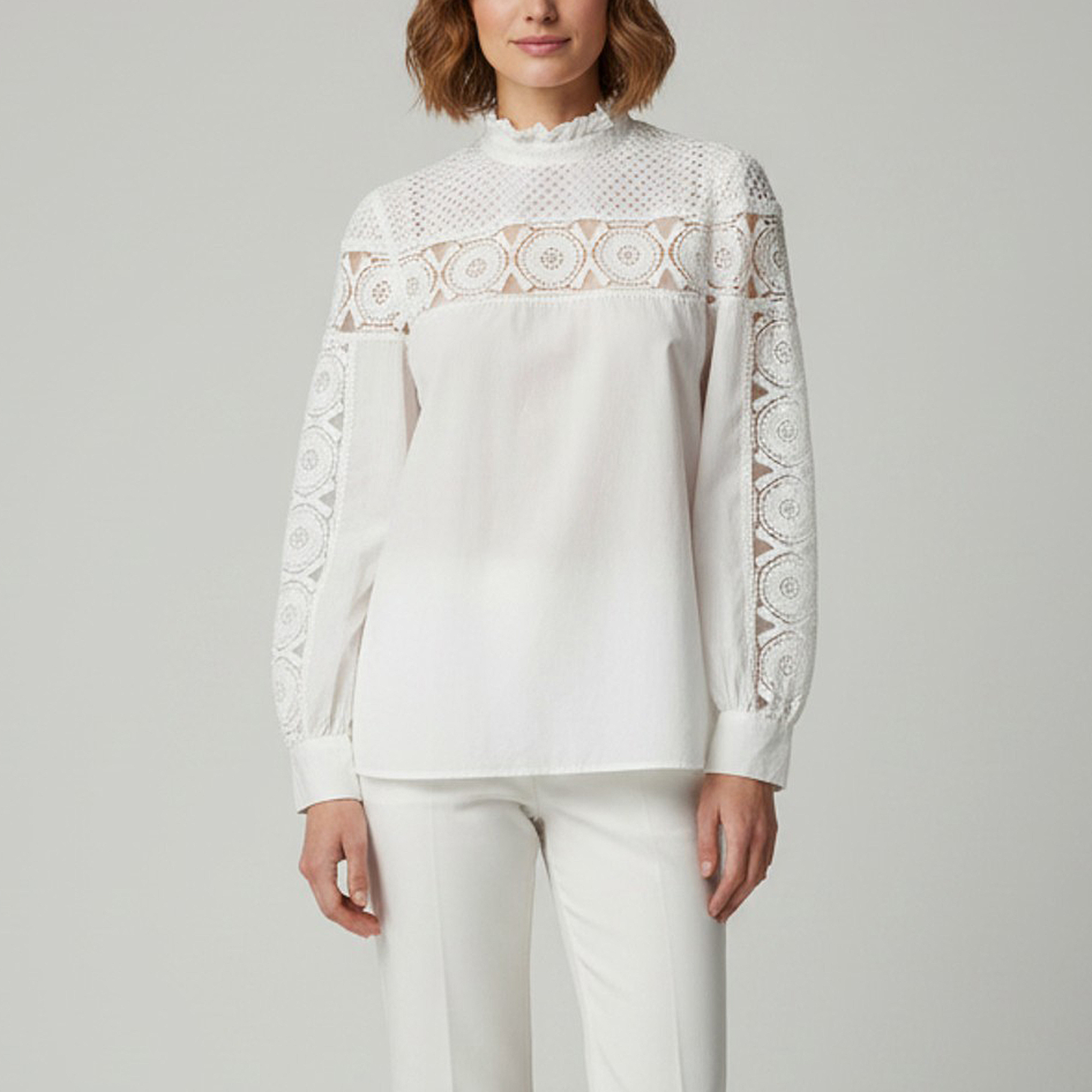 Sandro White Cotton and Lace Paneled Blouse M