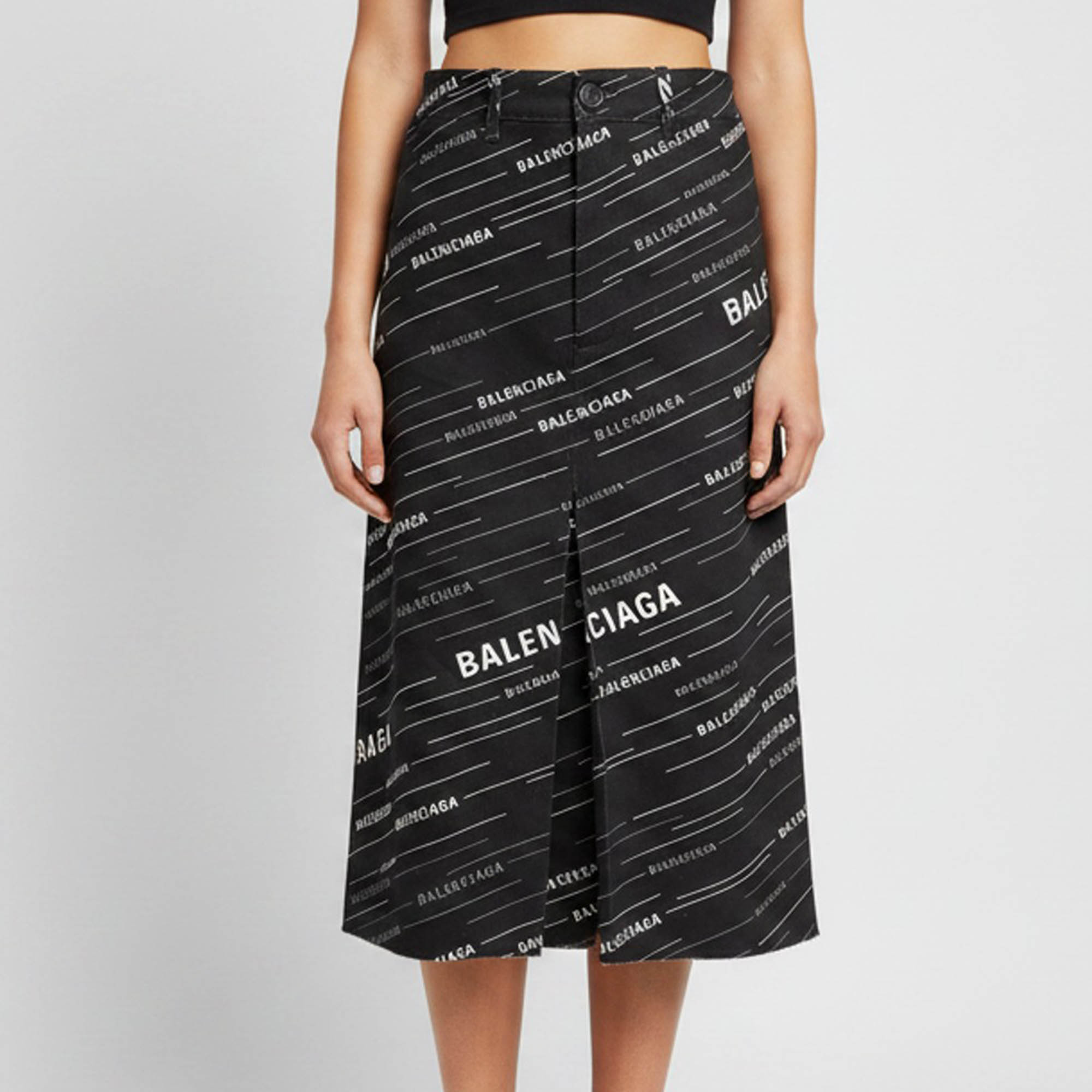 Balenciaga Black Logo Print Denim Midi Skirt S