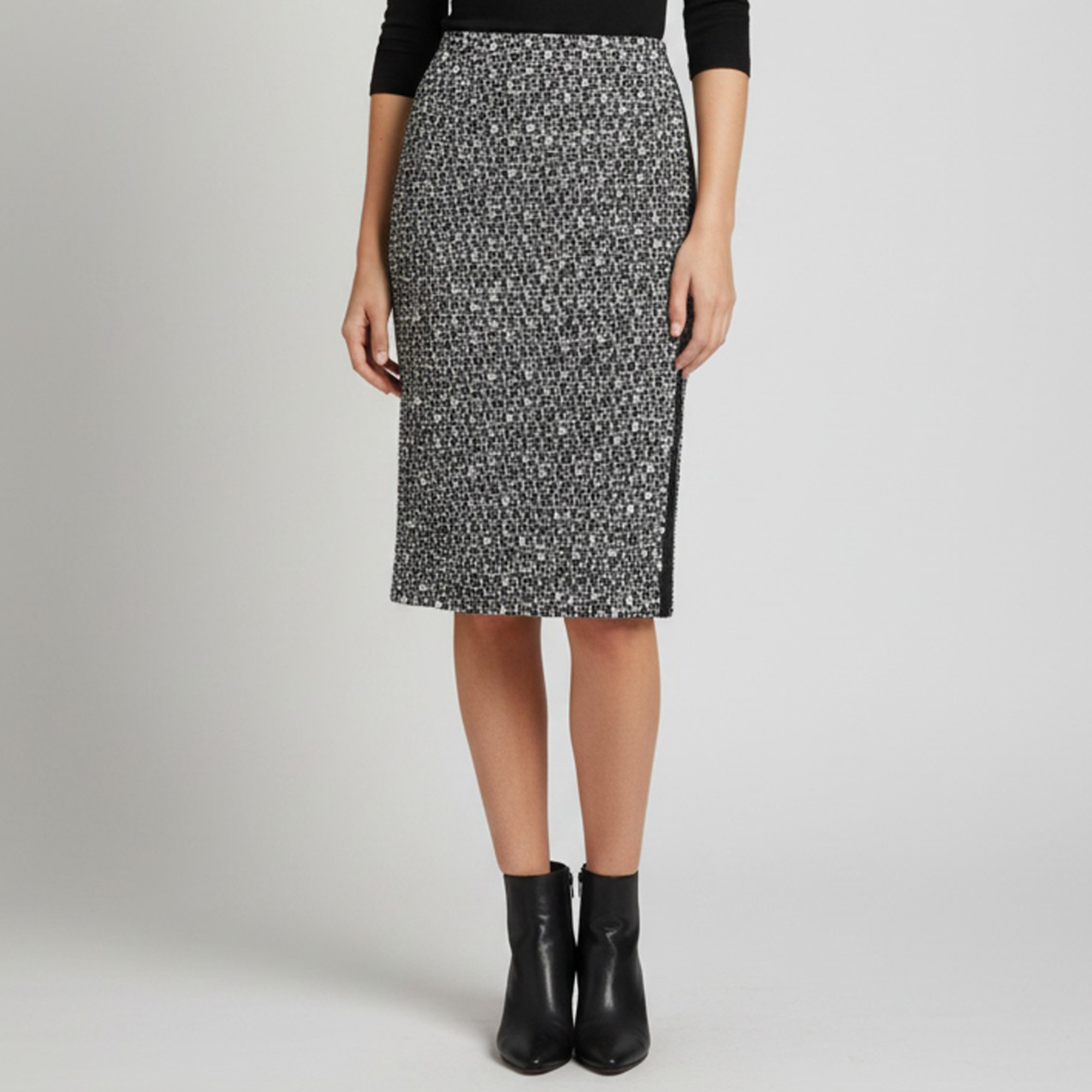 Oscar de la Renta Navy Blue Tweed Slit Knee Length Skirt S