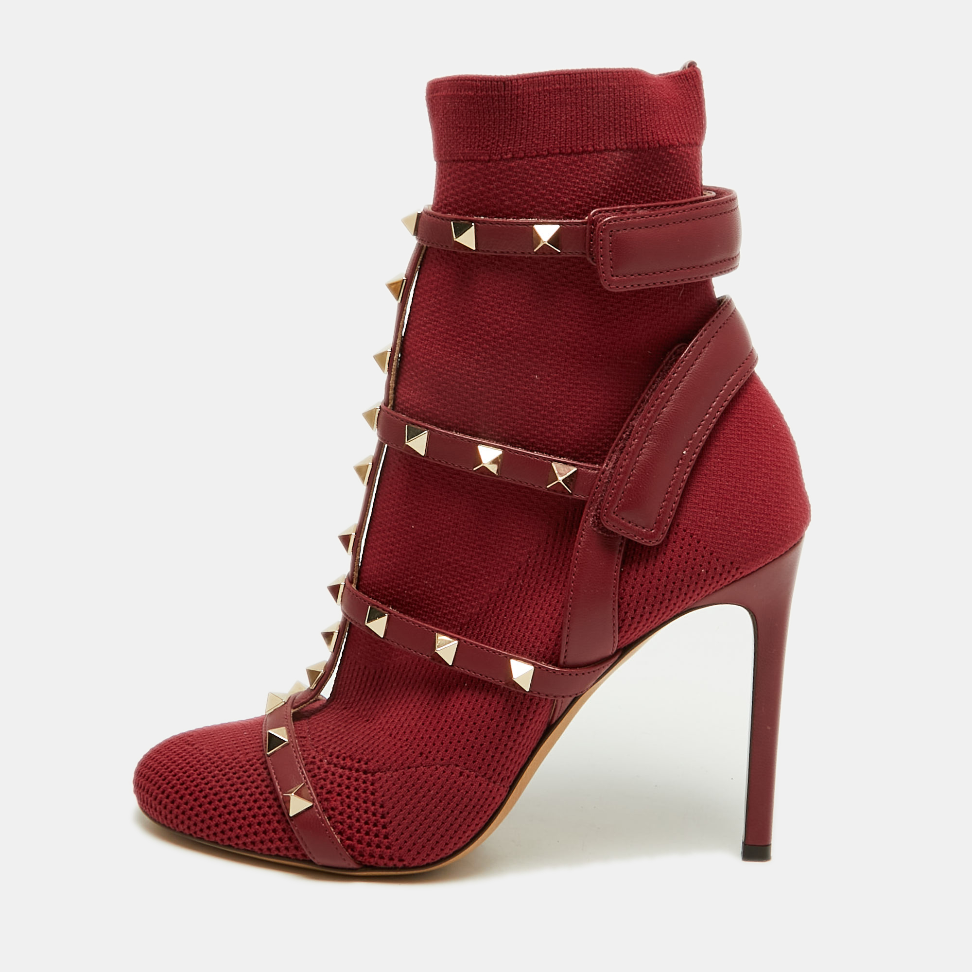 Valentino Rockstud Size 37 Burgundy Stretch Knit and Leather Ankle Length Boots