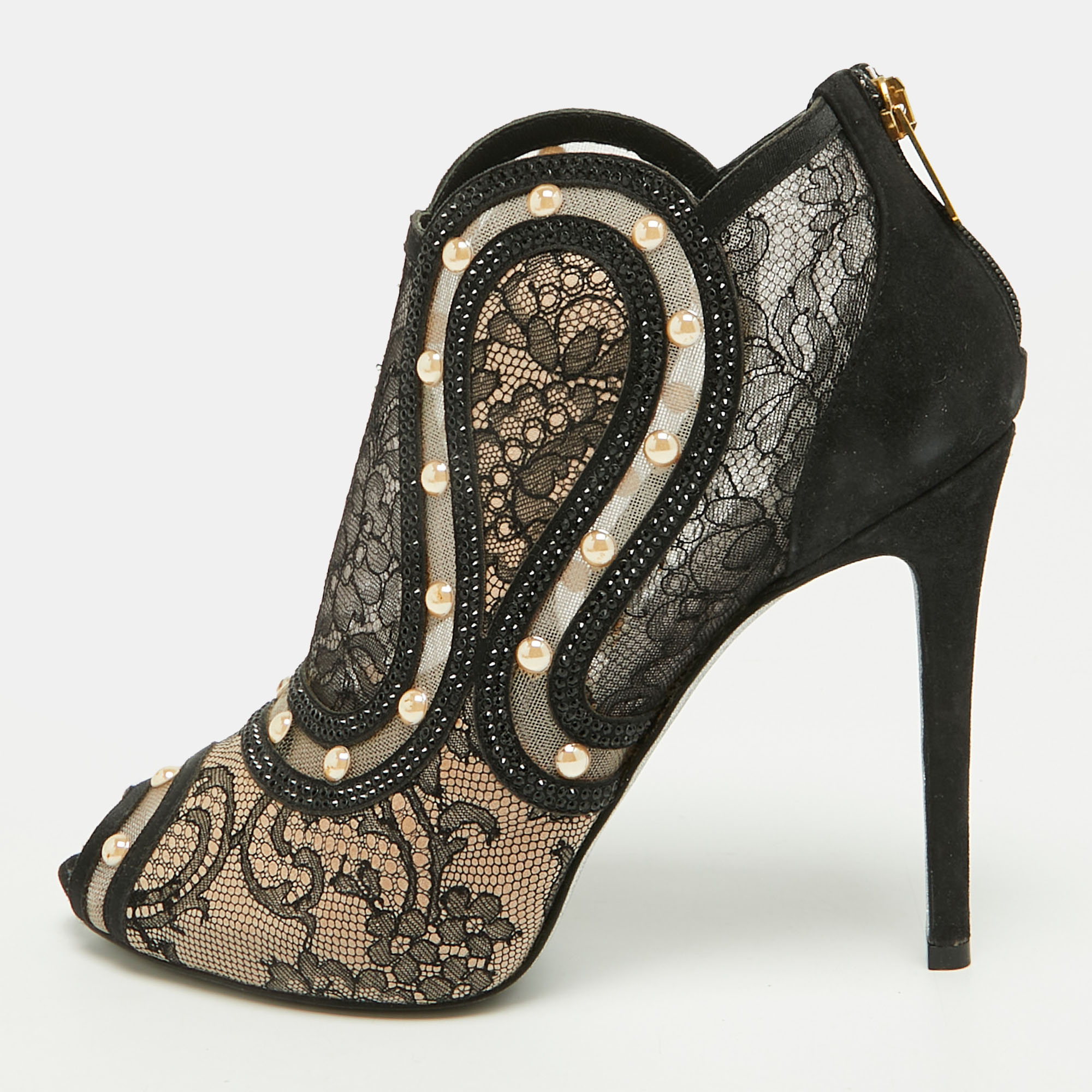 Ren&eacute; Caovilla Size 37.5 Beige Lace and Suede Embellished Ankle Length Boots René Caovilla