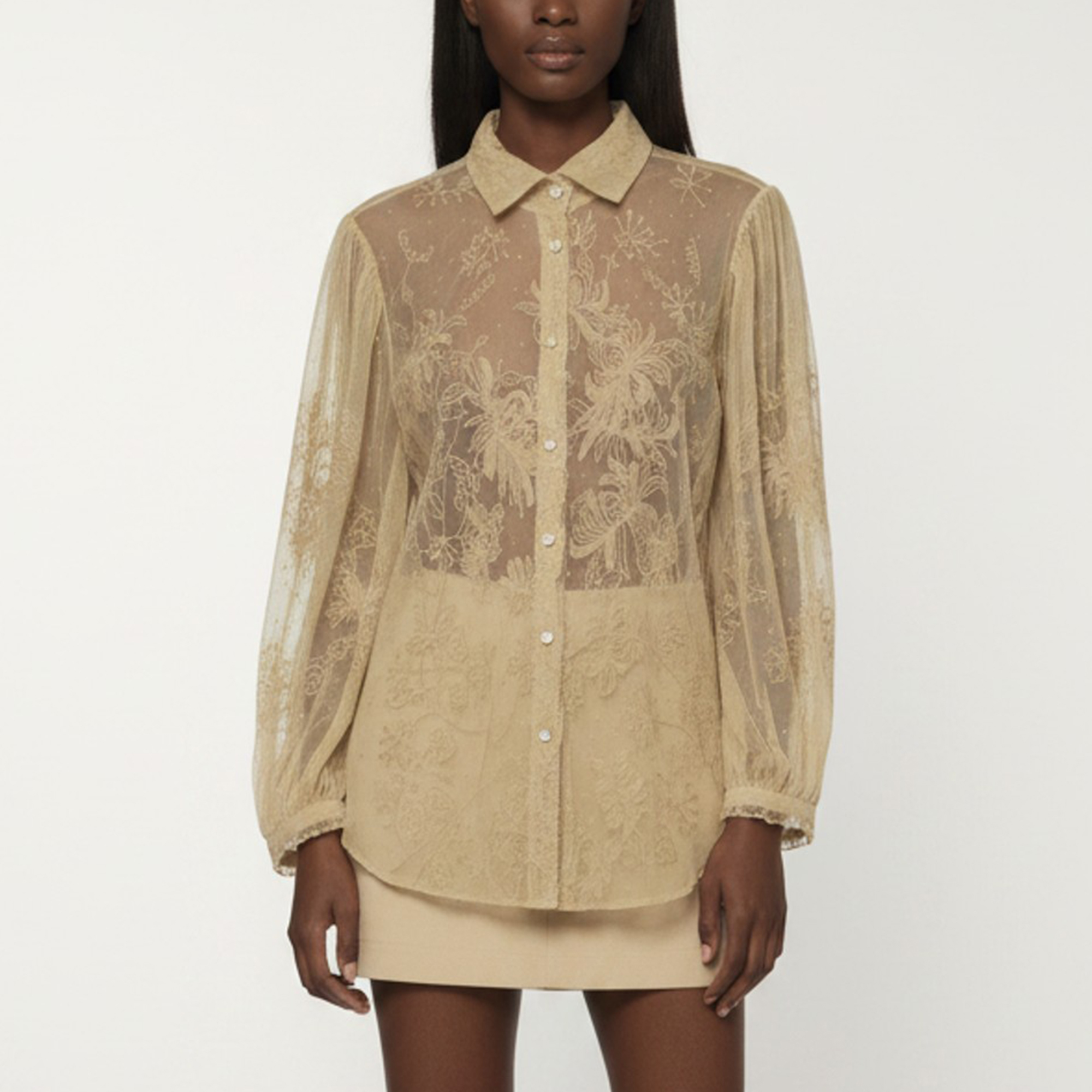 Ralph Lauren Beige Floral Embroidered Lace Sheer Blouse M