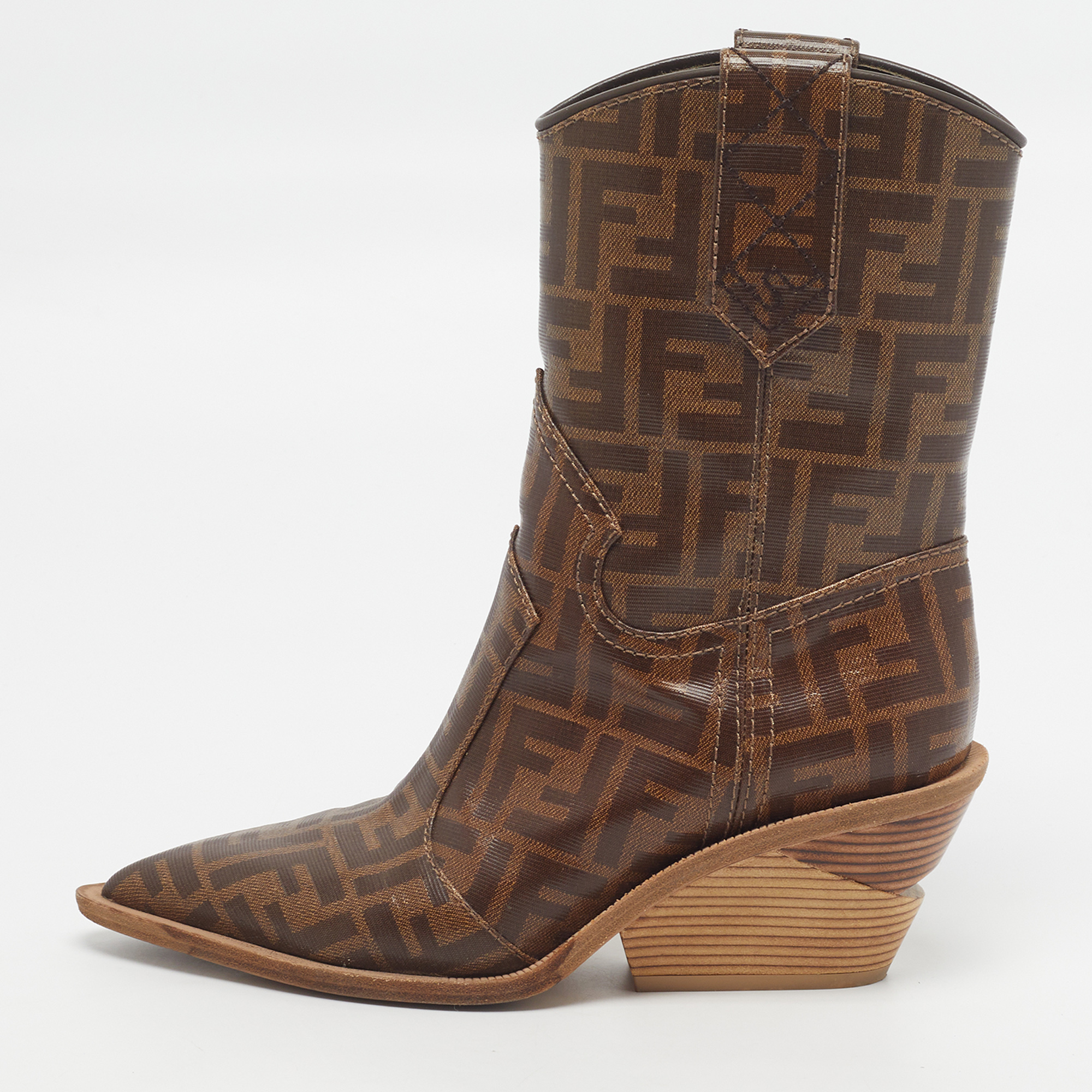 Fendi Size 36 Brown Zucca Coated Canvas Pointed Toe Ankle Boots