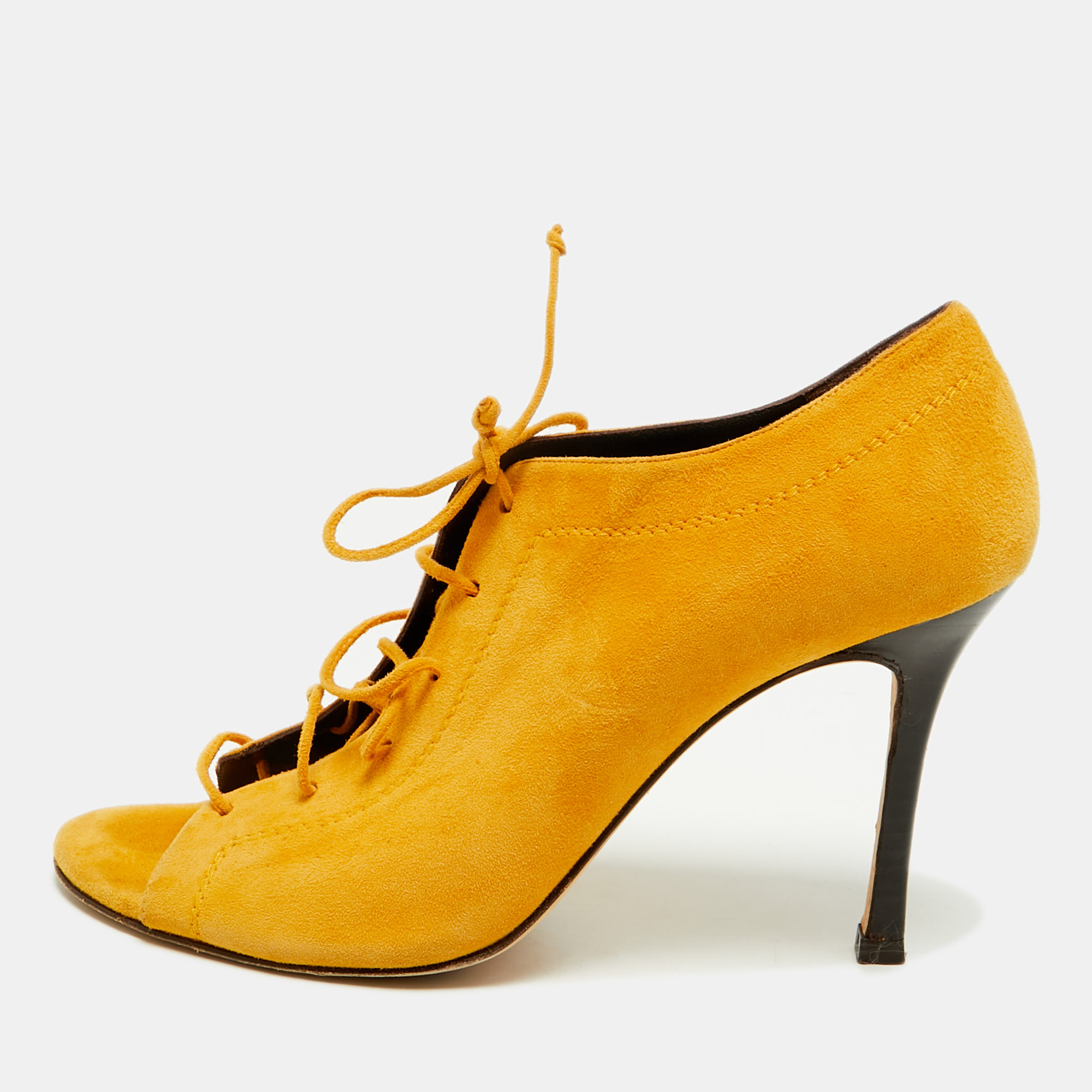 CH Carolina Herrera Size 40 Yellow Suede Open Toe Lace Up Boots