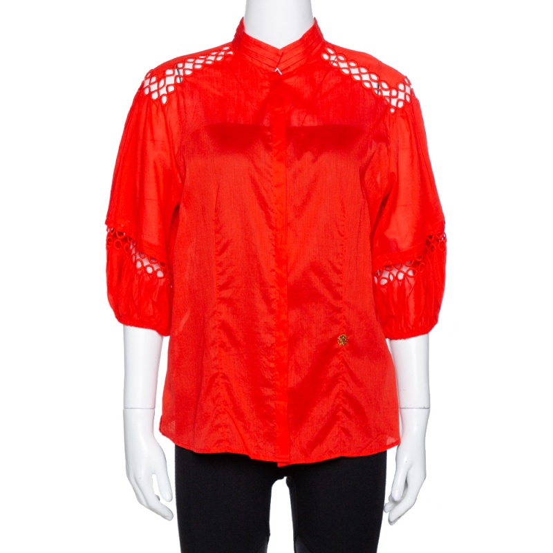 Roberto Cavalli Red Cotton Eyelet Lace Detail Blouse M