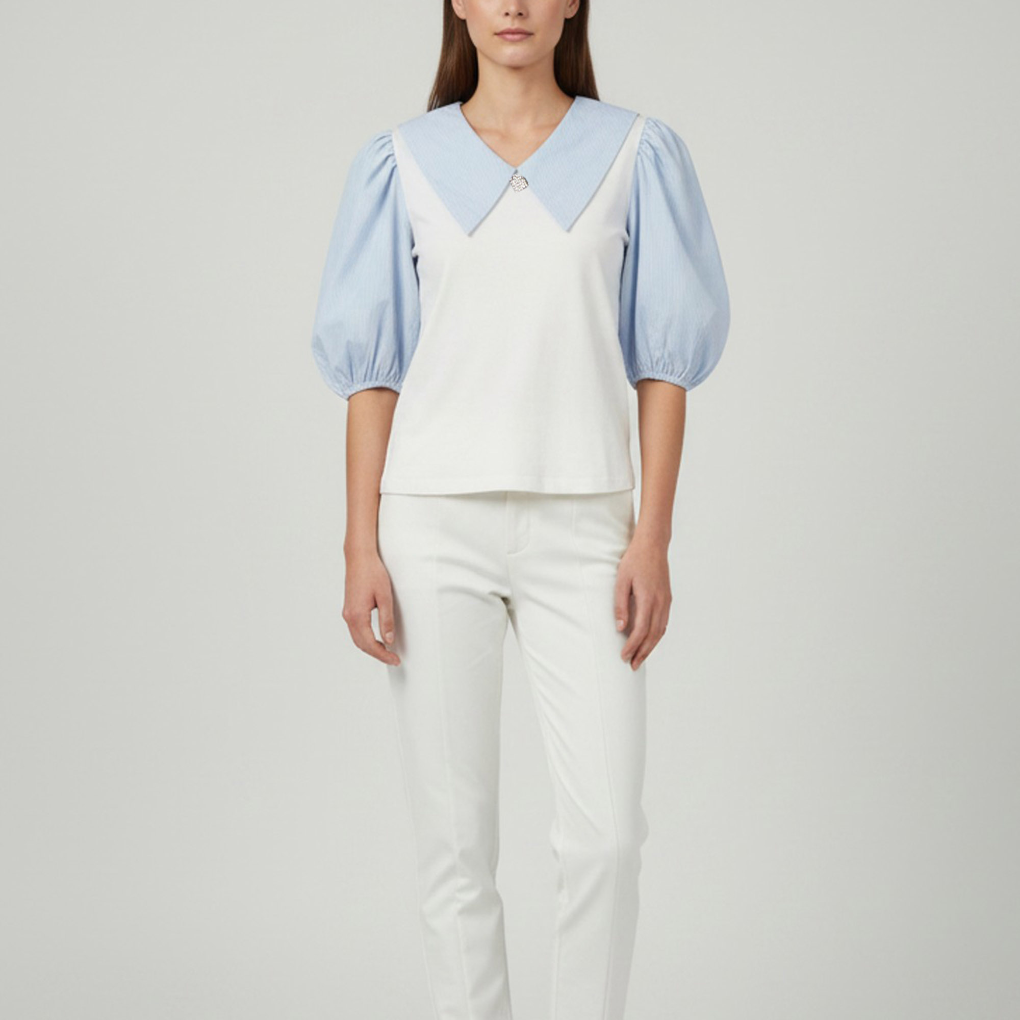 Maje White/Blue Striped Cotton and Jersey Blouse S