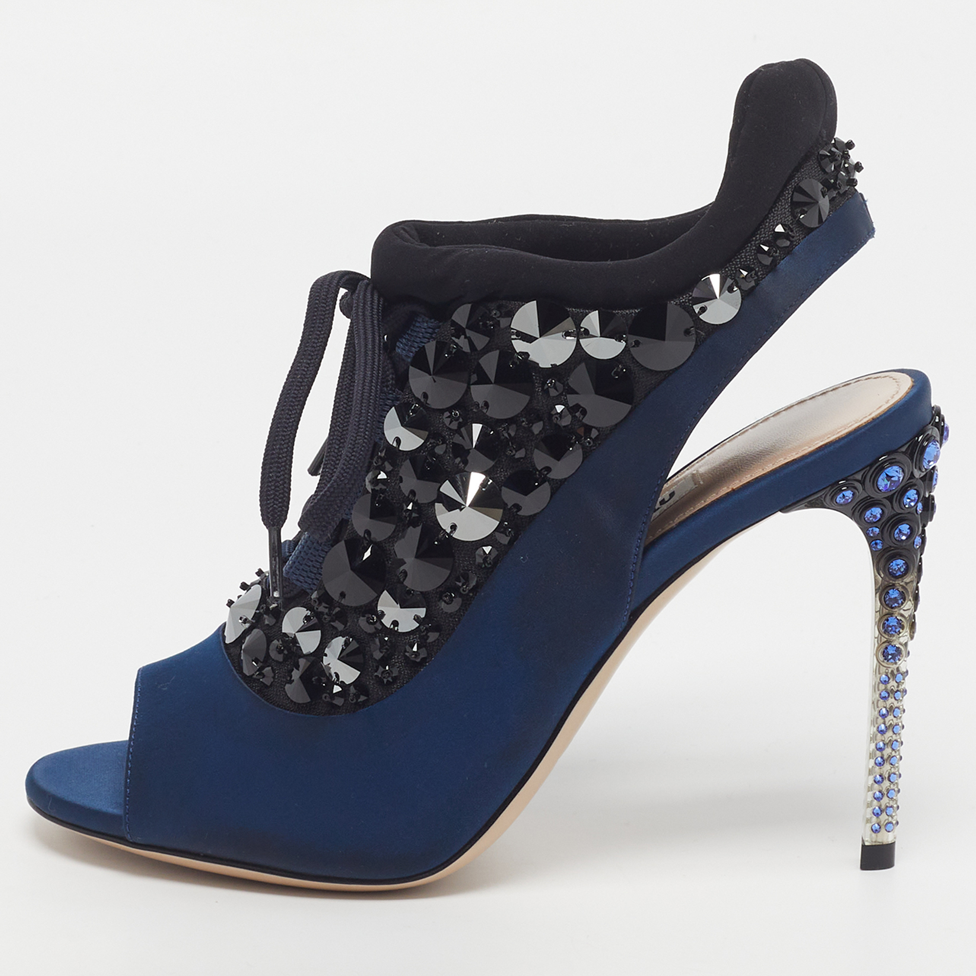 Miu Miu Size 35 Navy Blue/Black Satin and Fabric Embellished Cutout Booties