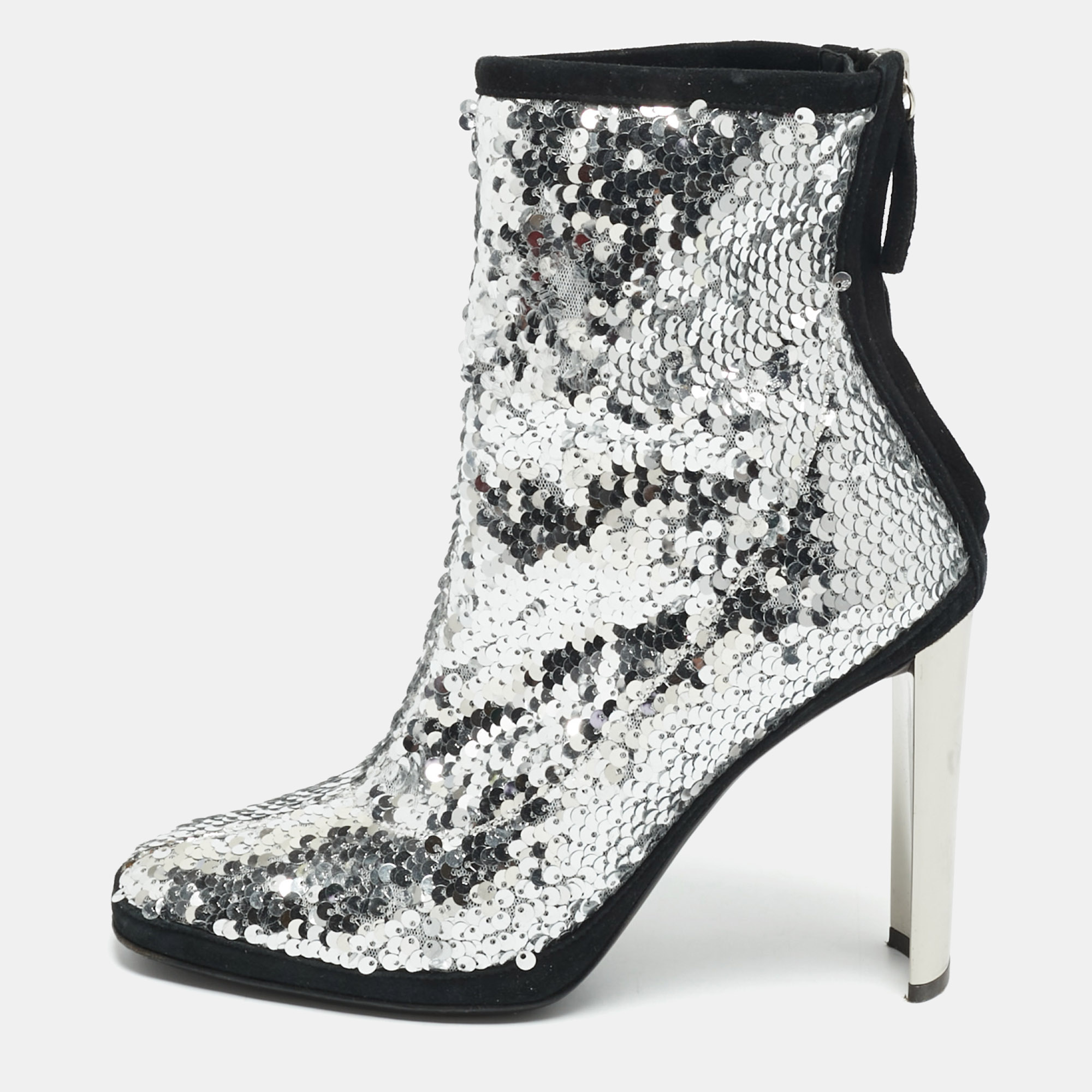 Giuseppe Zanotti Size 38 Silver Sequins and Suede Ankle Length Boots