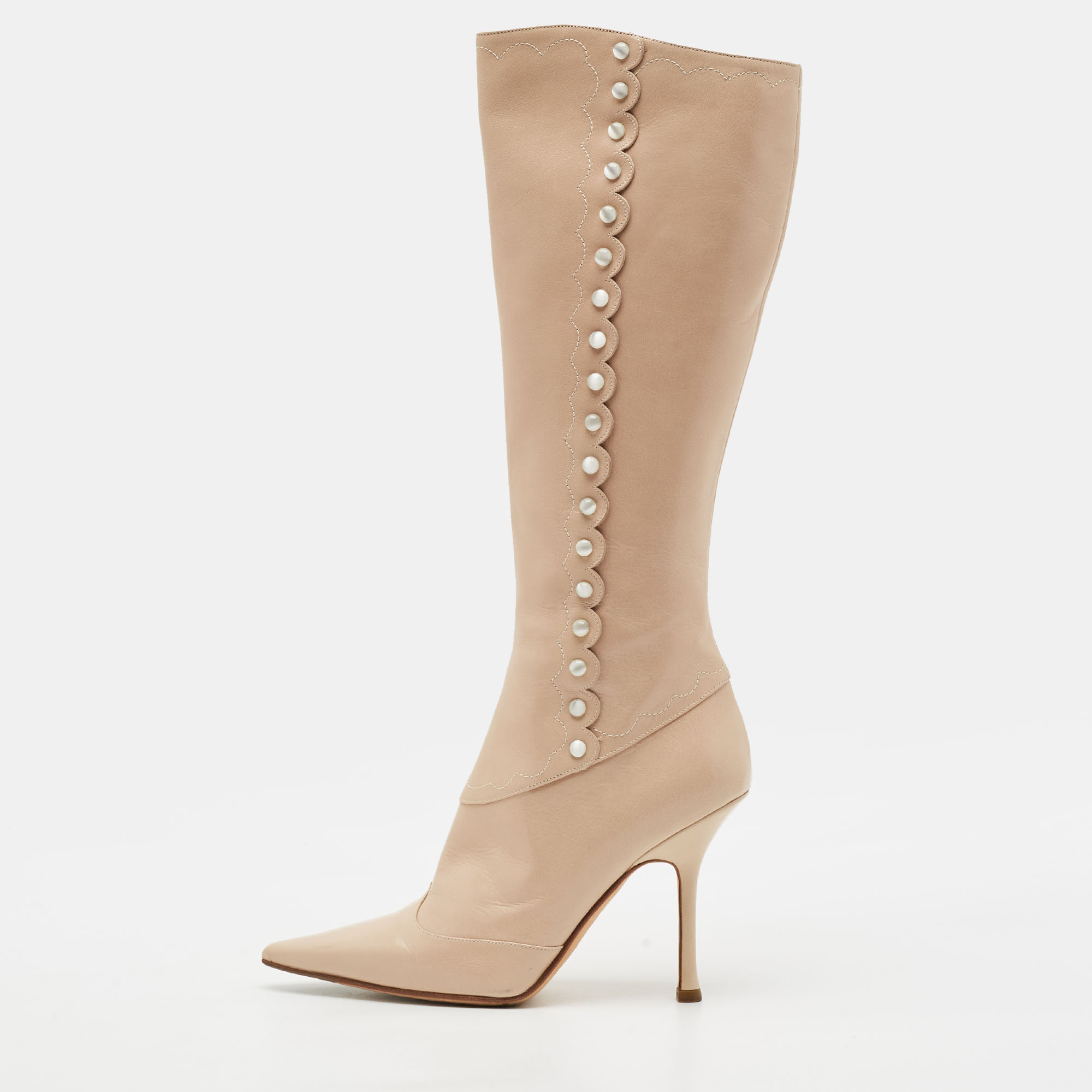 Jimmy Choo Size 37.5 Beige Leather Bead Details Knee Length Boots