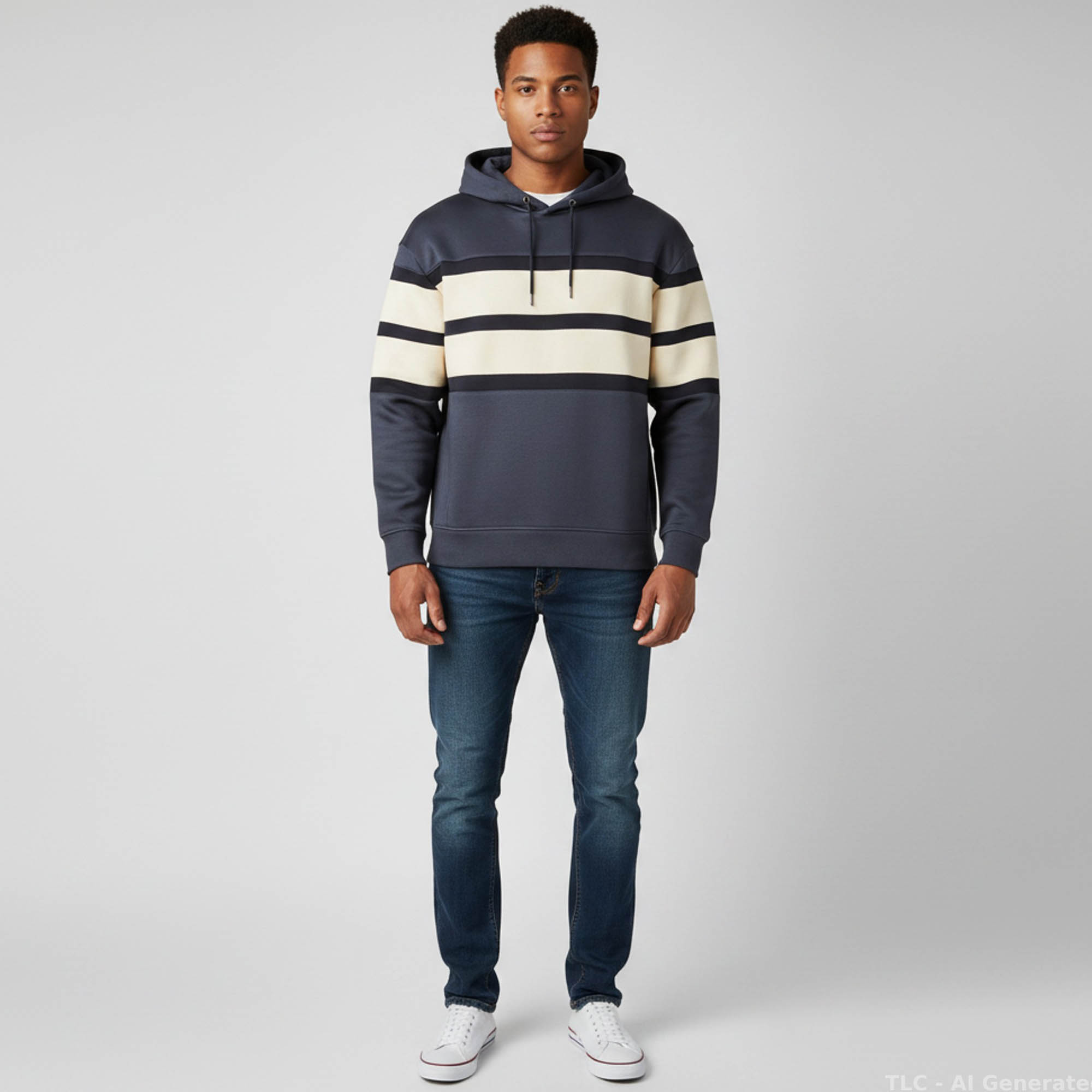 Emporio Armani Navy Blue Striped Double Jersey and Cotton Hoodie M