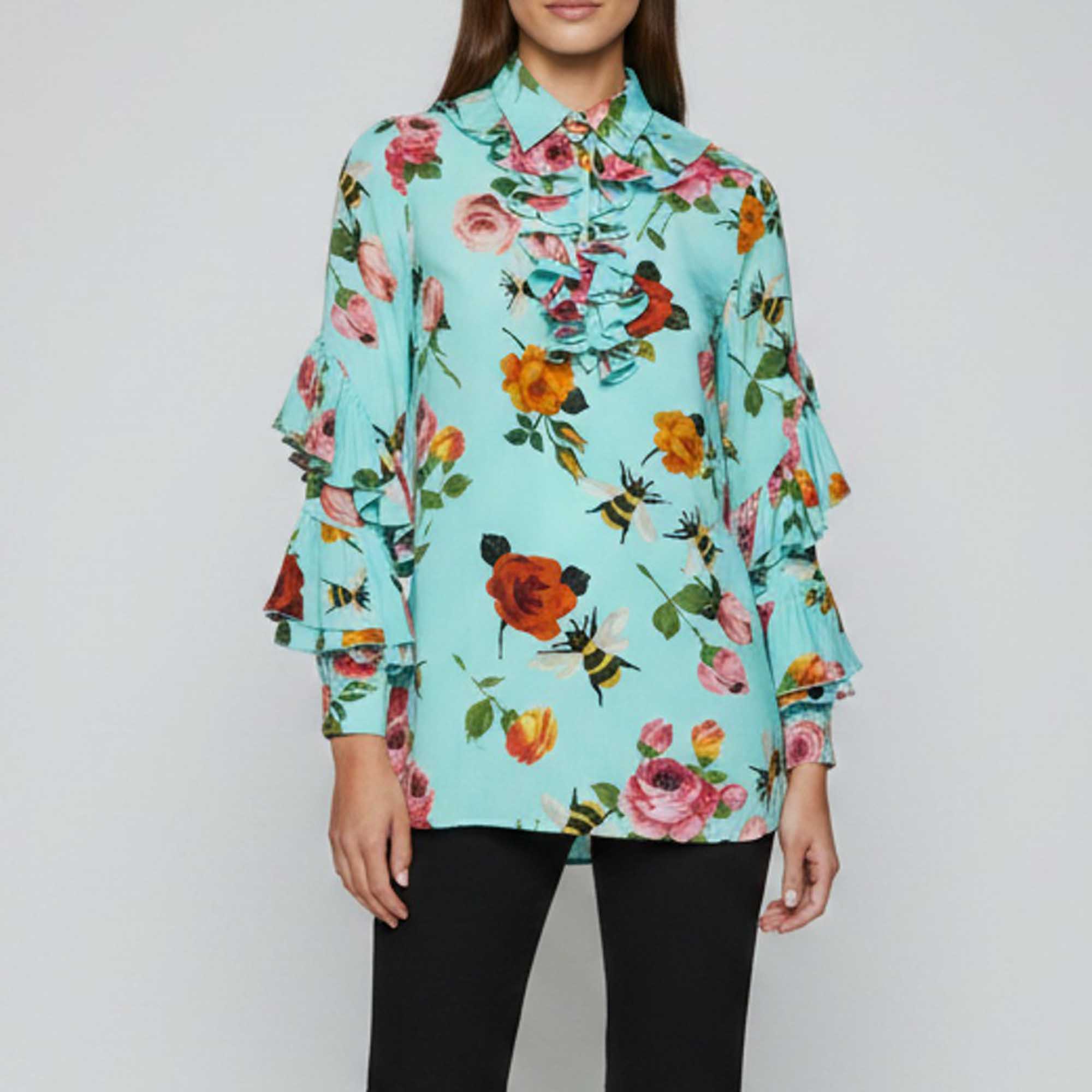 Gucci Mint Green Floral Print Silk Ruffled Blouse S