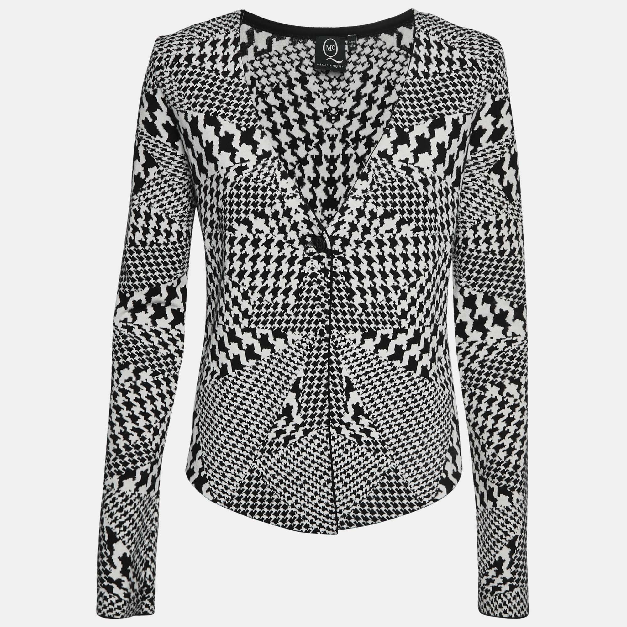 McQ by Alexander McQueen White Houndstooth Knitted Button Cardigan L