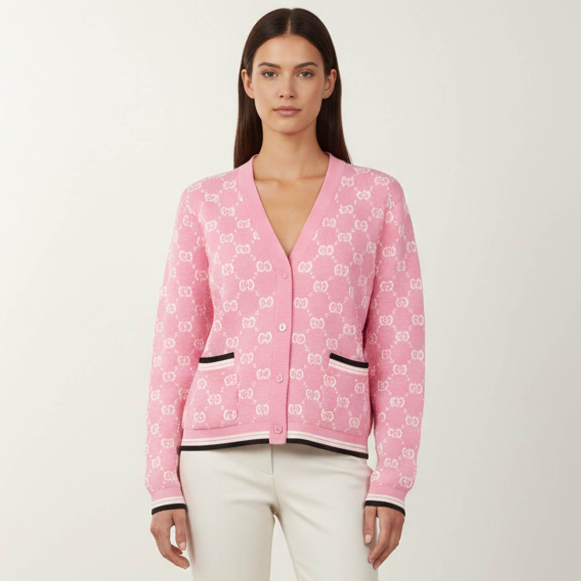 Gucci Pink GG Print Jacquard Knit Cardigan M