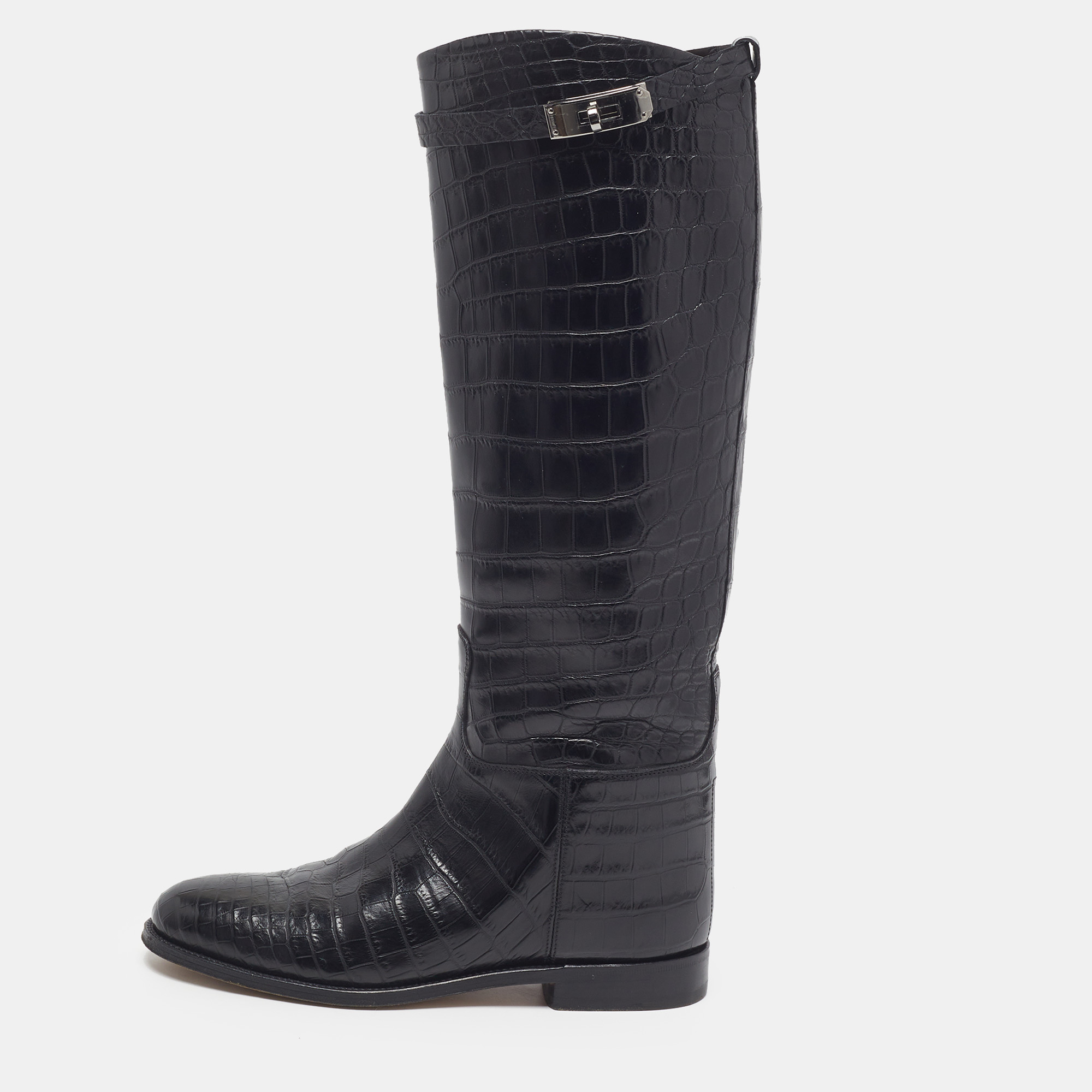 Hermes Jumping Size 38 Black Crocodile Leather Knee Length Boots