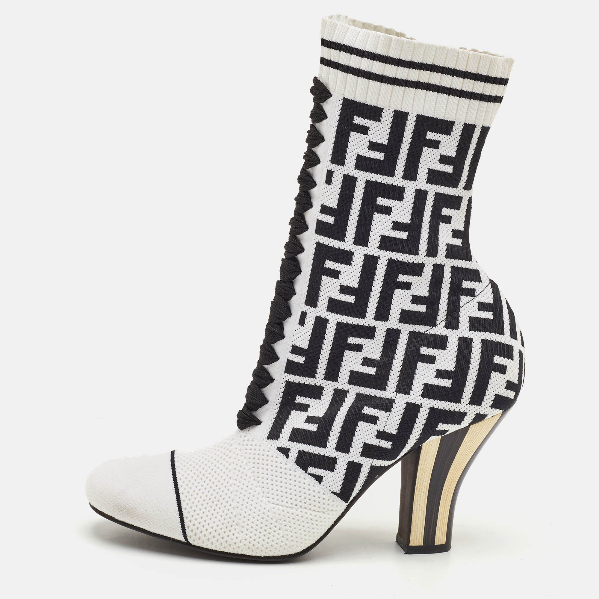 Fendi Rockoko Size 38 White/Black Knit Fabric Ankle Boots
