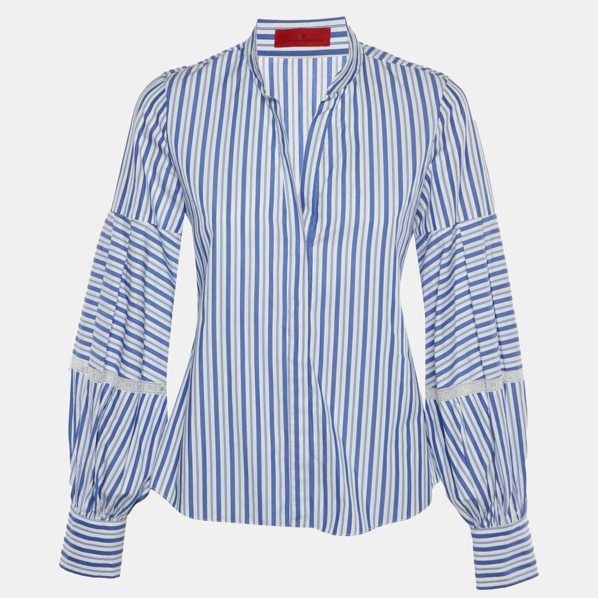 CH Carolina Herrera Blue/White Striped Cotton and Lace Trim Blouse S