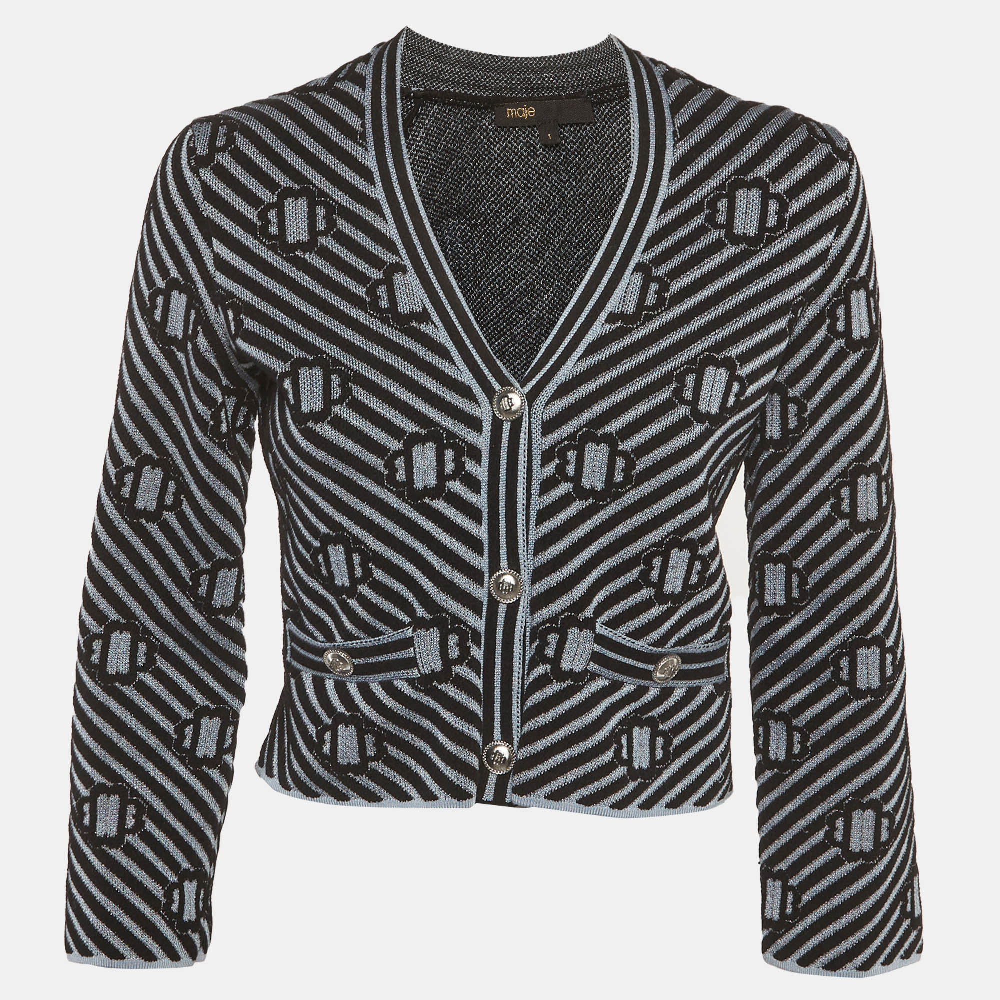 Maje Blue/Black Metallic Clover Jacquard Knit Cardigan S