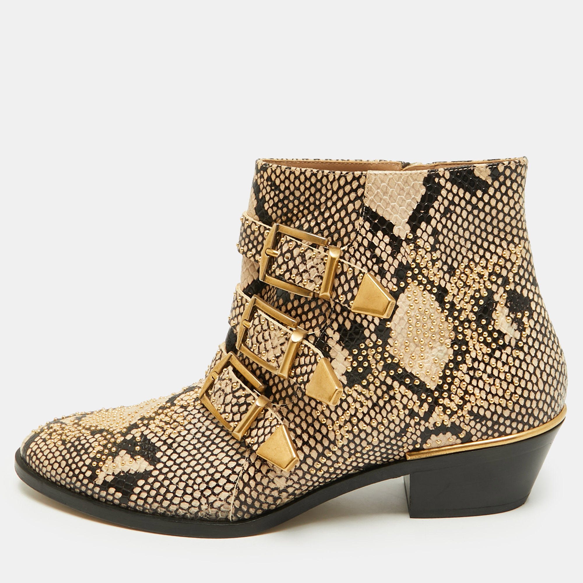 Chloe Susanna Size 39 Brown/Black Python Embossed Leather Ankle Length Boots
