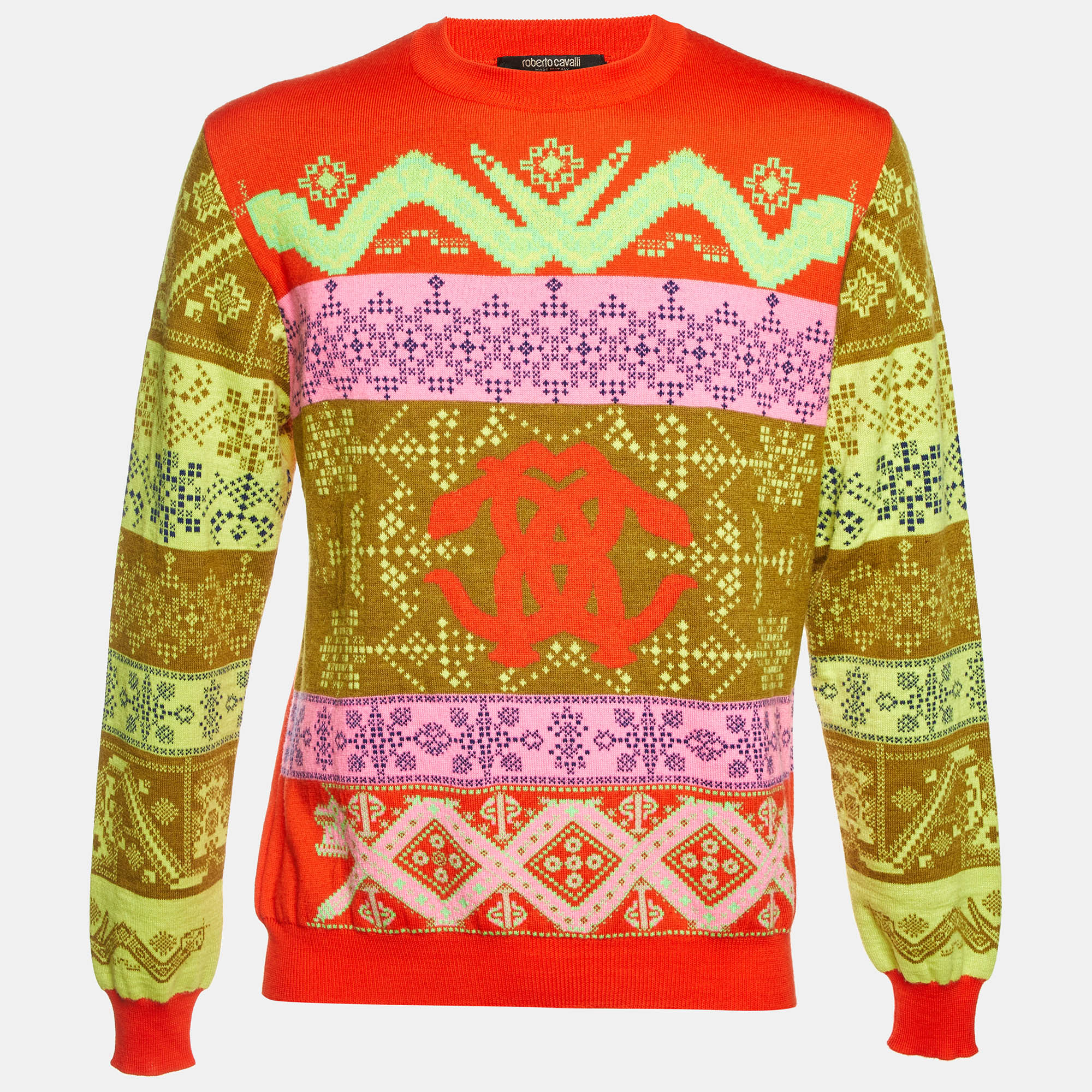 Roberto Cavalli Orange Logo Geometric Jacquard Knit Sweater M