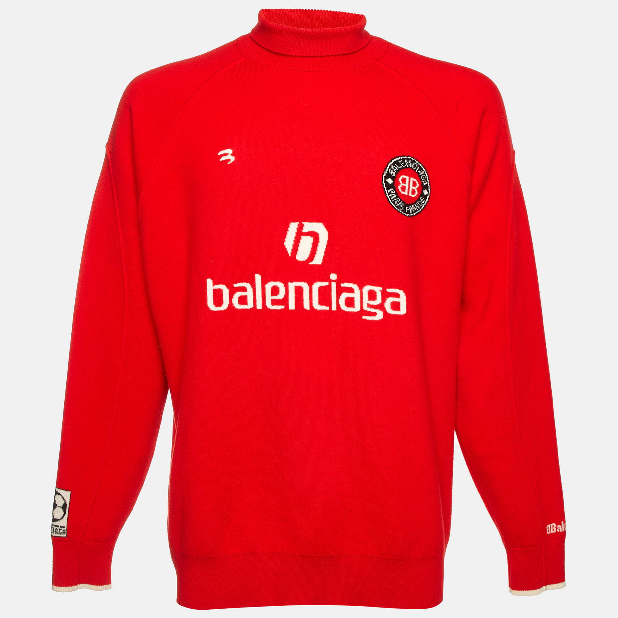 Balenciaga Red Logo Intarsia Knit Soccer Turtleneck Sweater M