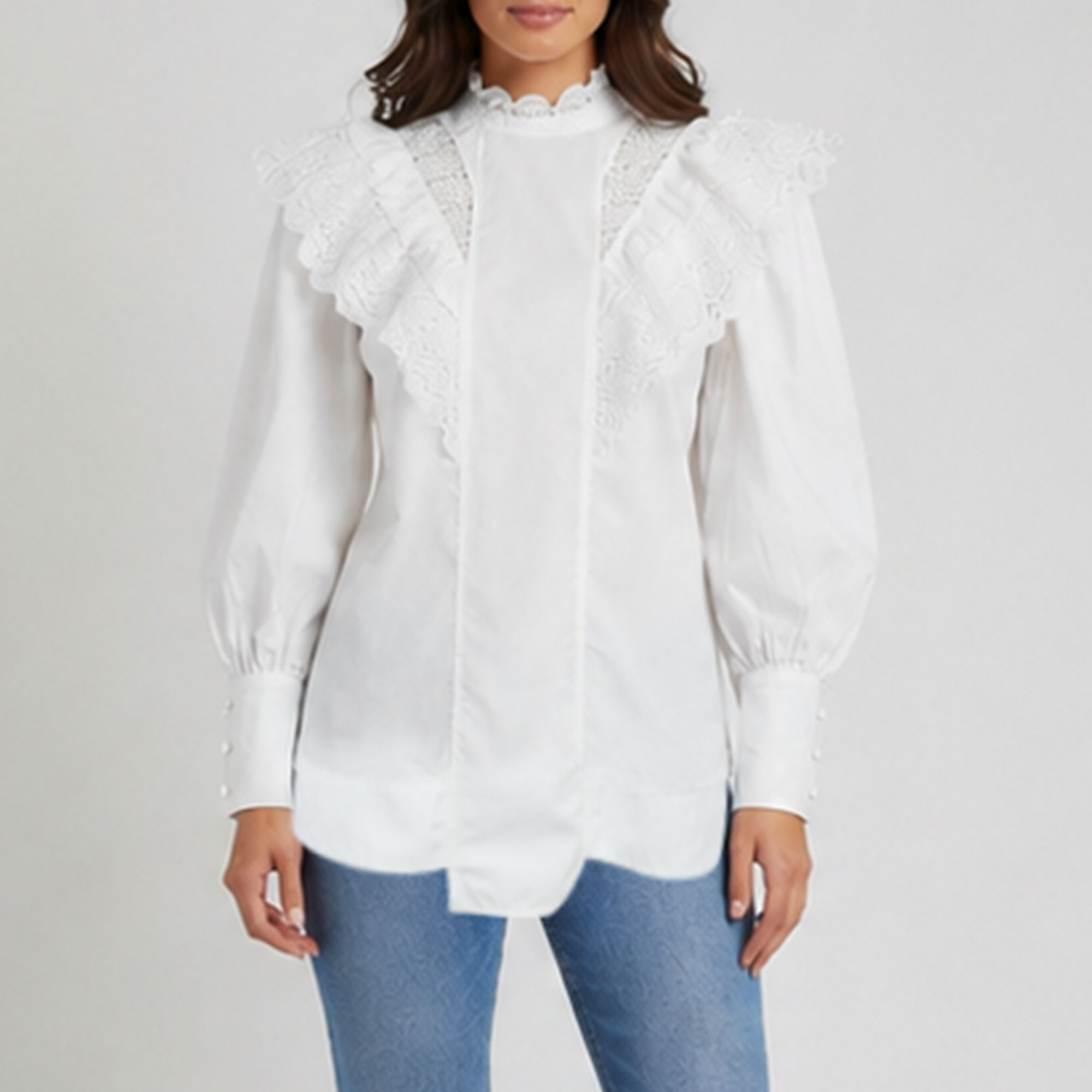 Ganni White Cotton and Lace Trim Ruffled High Neck Blouse S