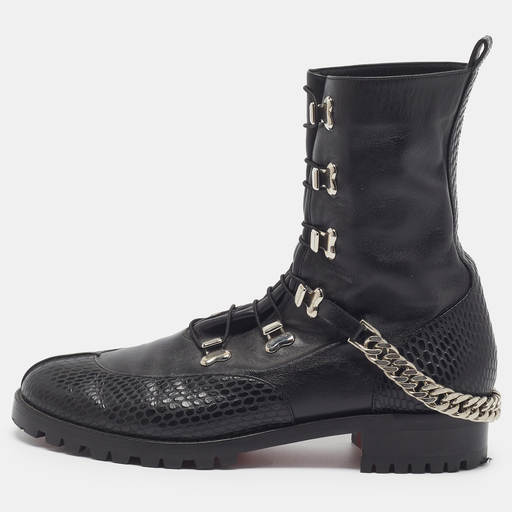 Christian Louboutin Size 40 Black Leather Chain Strap Combat Boots
