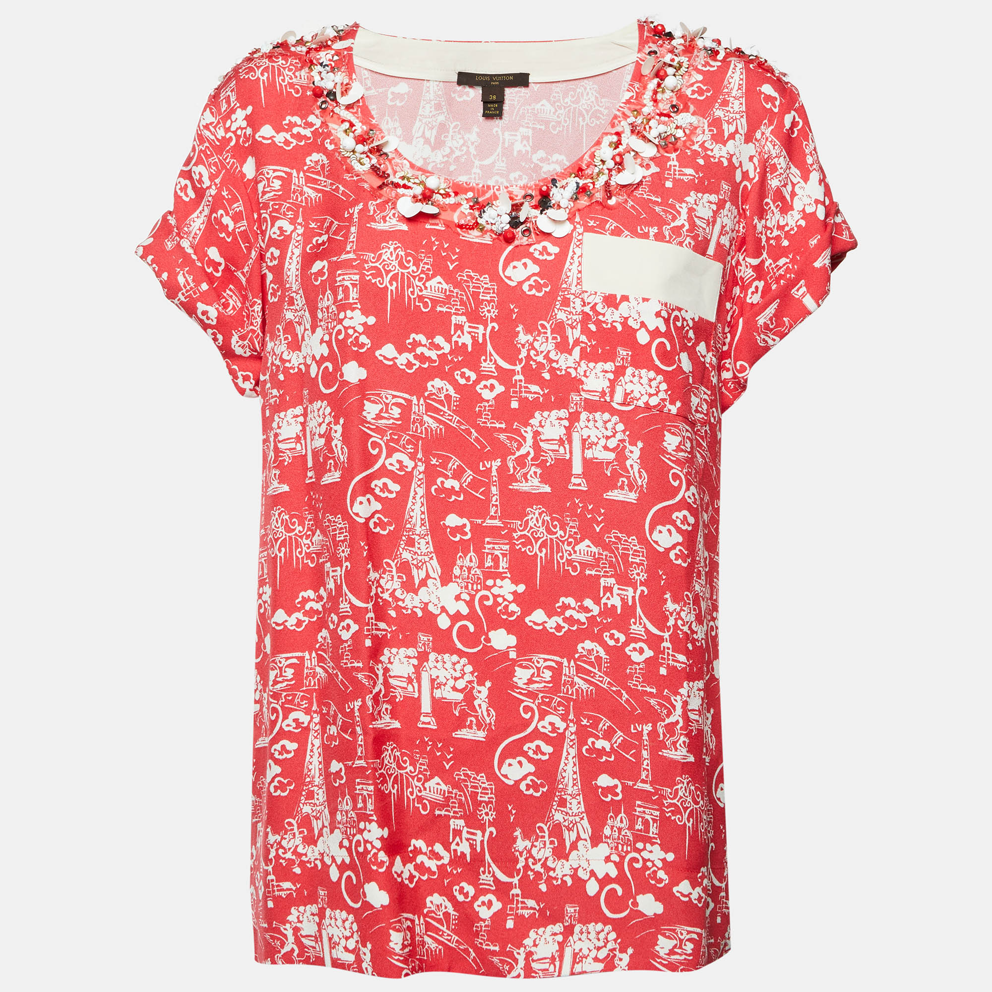 Louis Vuitton Red Paris Art Print Crepe Bead Embellished Blouse M