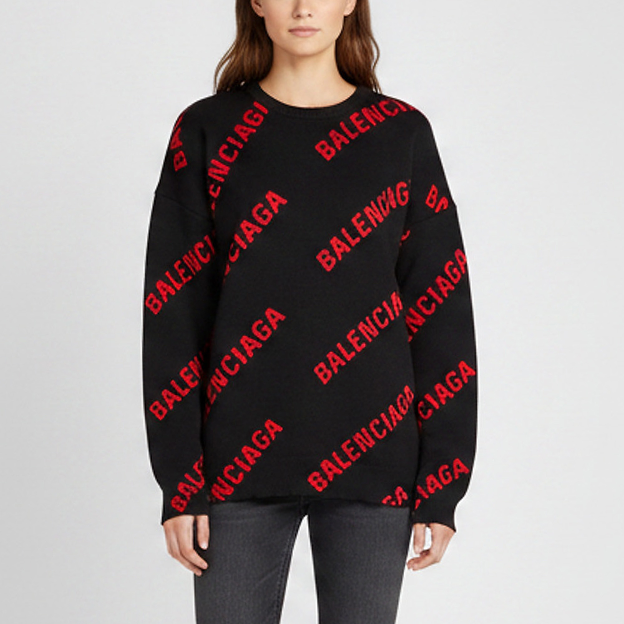 Balenciaga Black/Red All Over Logo Intarsia Knit Crewneck Sweater XL