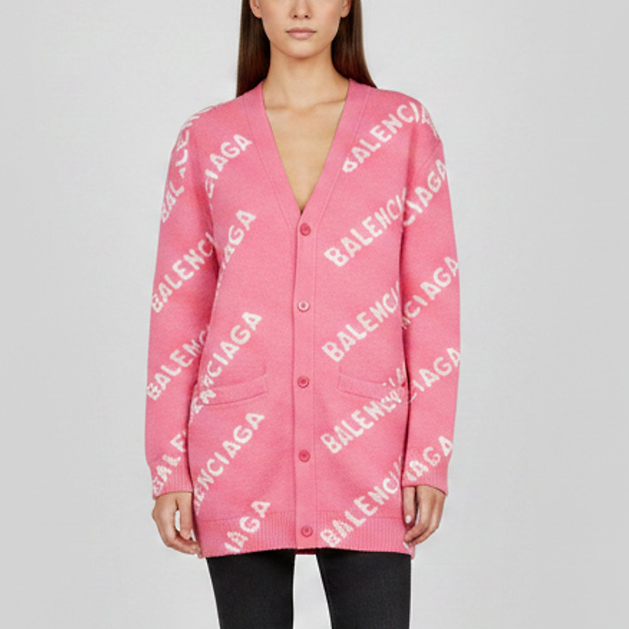 Balenciaga Pink All Over Logo Wool Knit Cardigan M