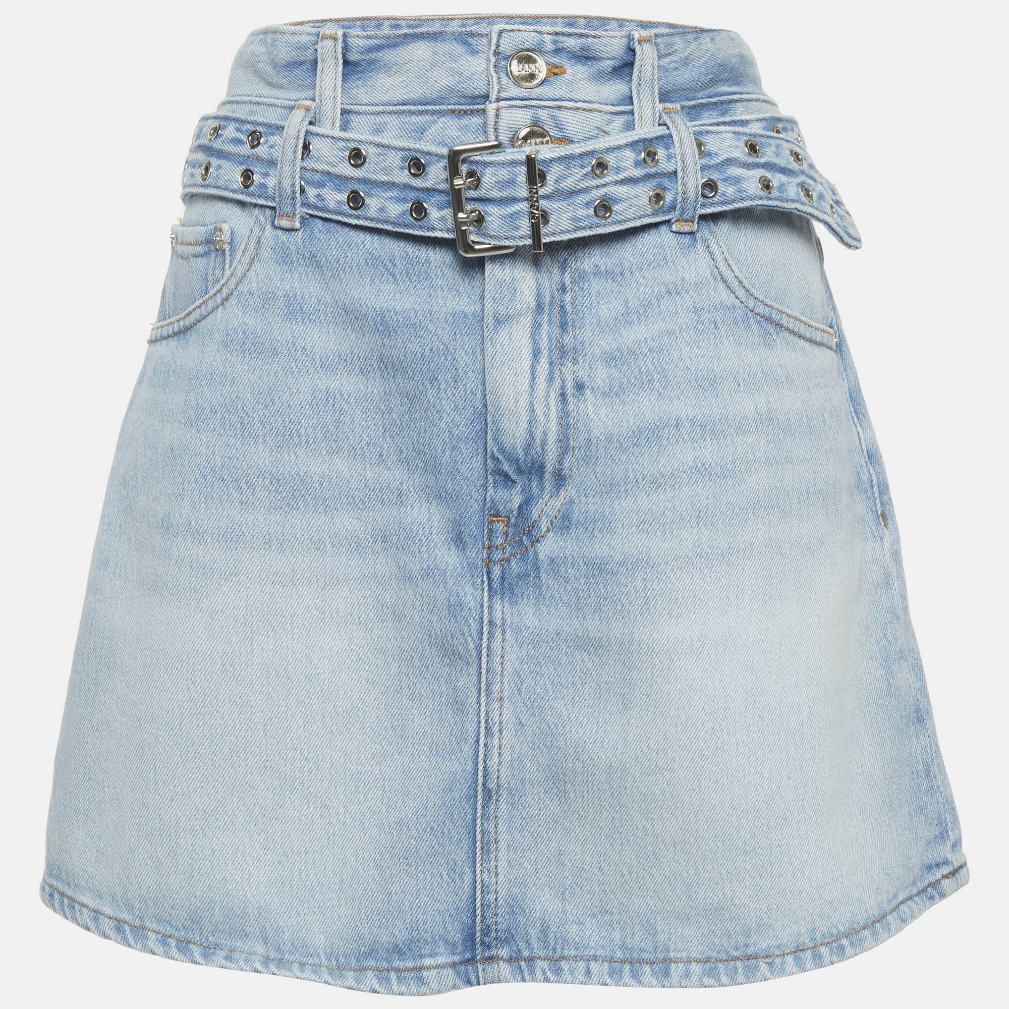 Ganni Blue Denim Belted Mini Skirt L/Waist 32"