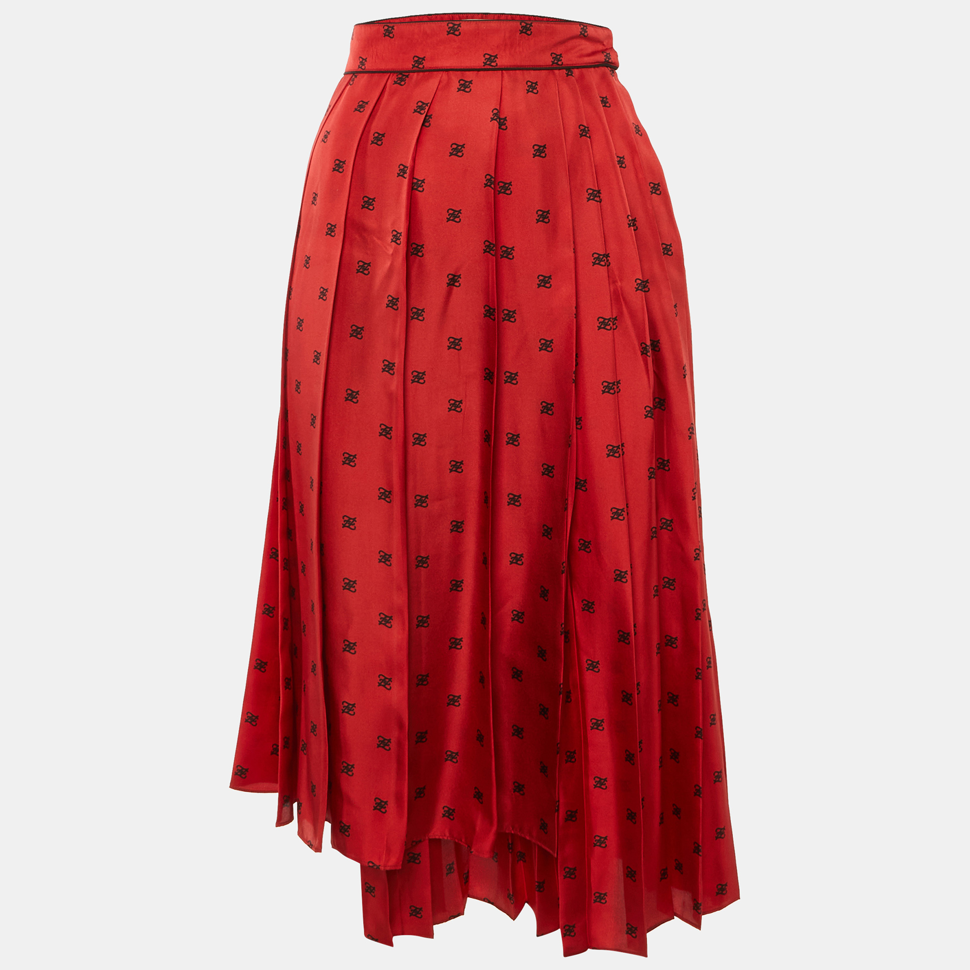 Fendi Red Karligraphy Print Silk Pleated Midi Skirt S