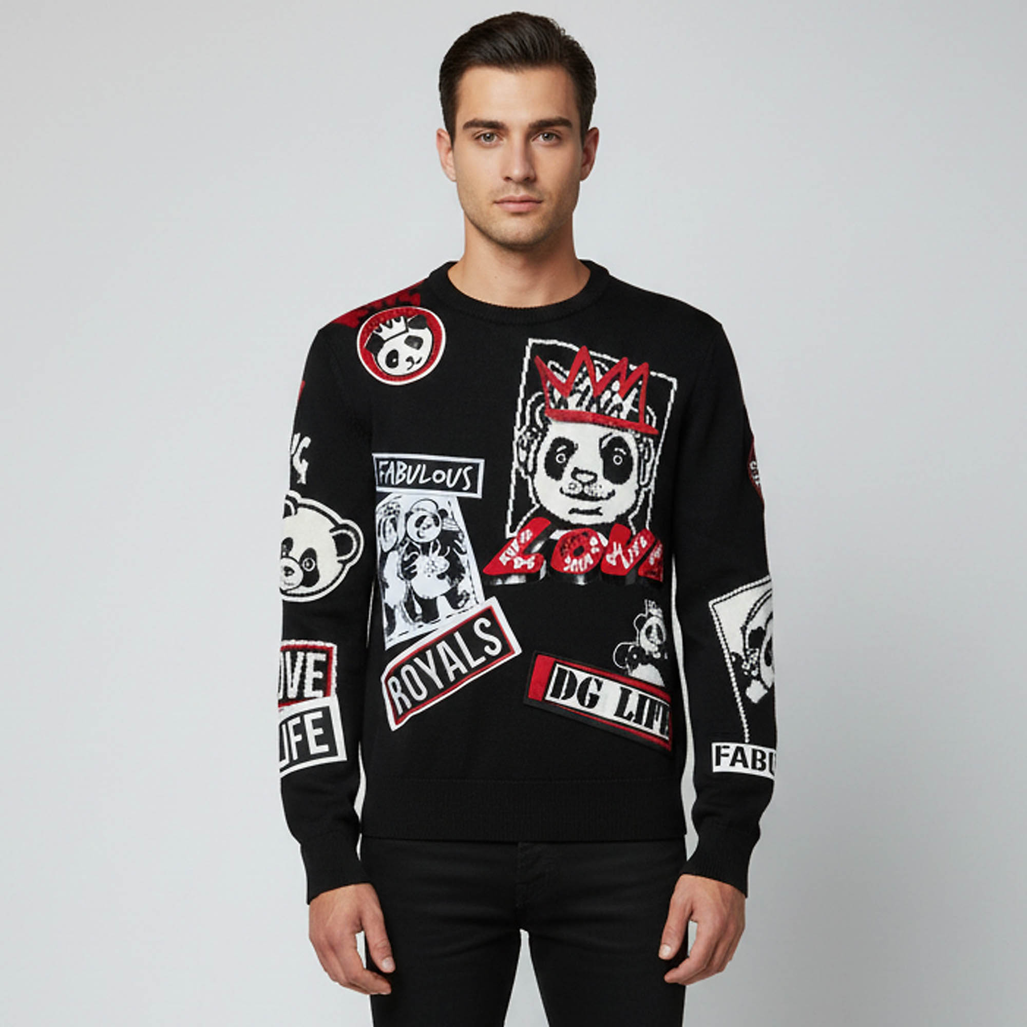 Dolce & Gabbana Black DG Life Panda Patches Knit Sweater L