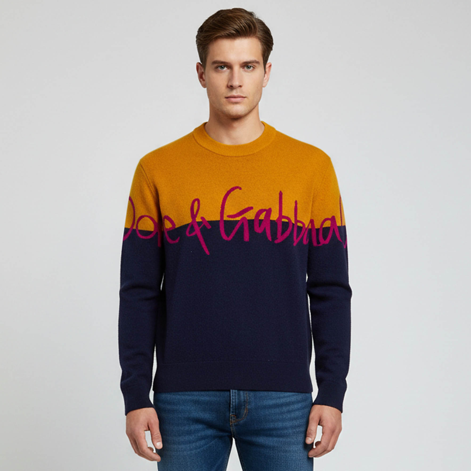 Dolce & Gabbana Colorblock Pattern Logo Detail Wool Crew Neck Sweater M