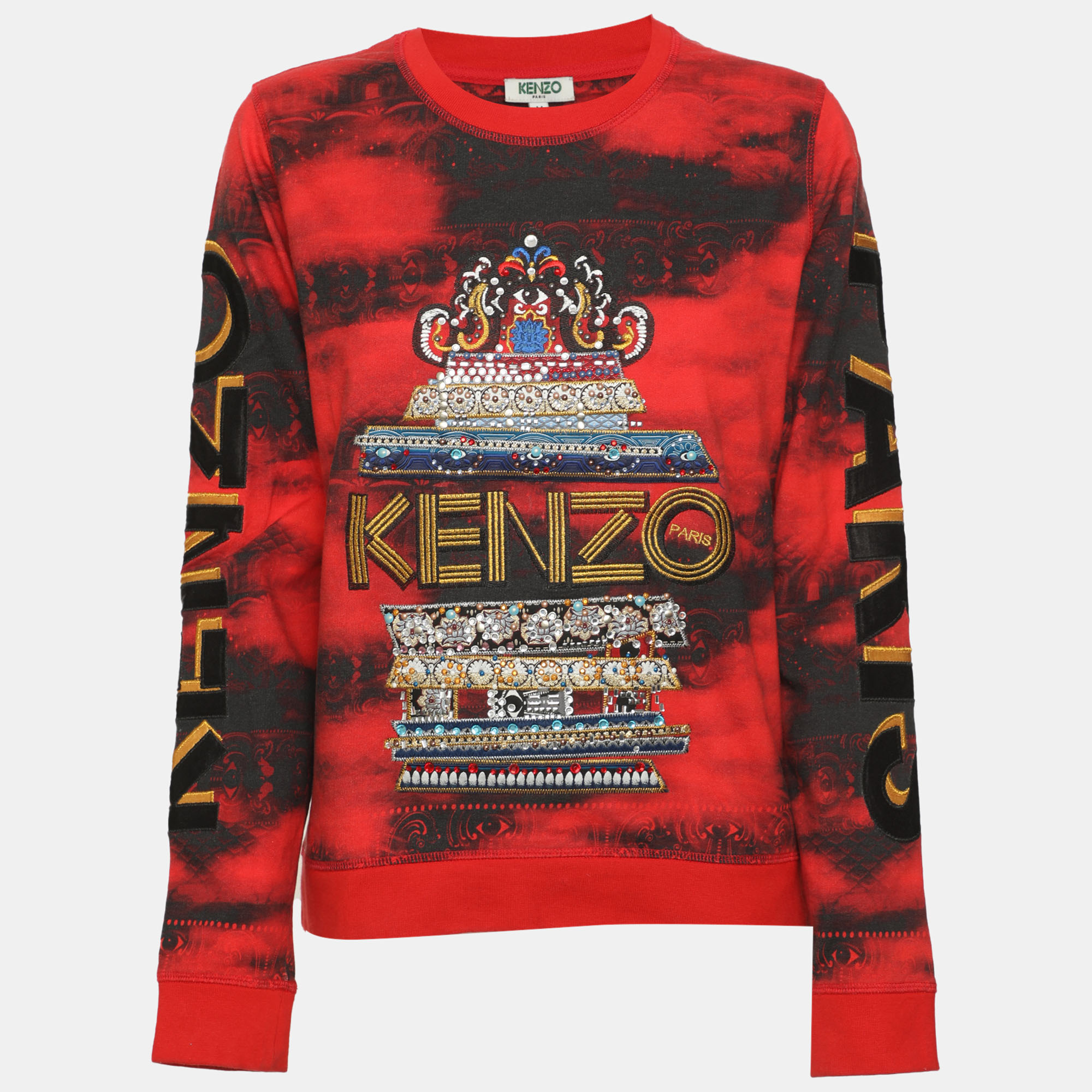 Kenzo Red Logo Embroidered and Crystal Embellished Jersey Sweater M