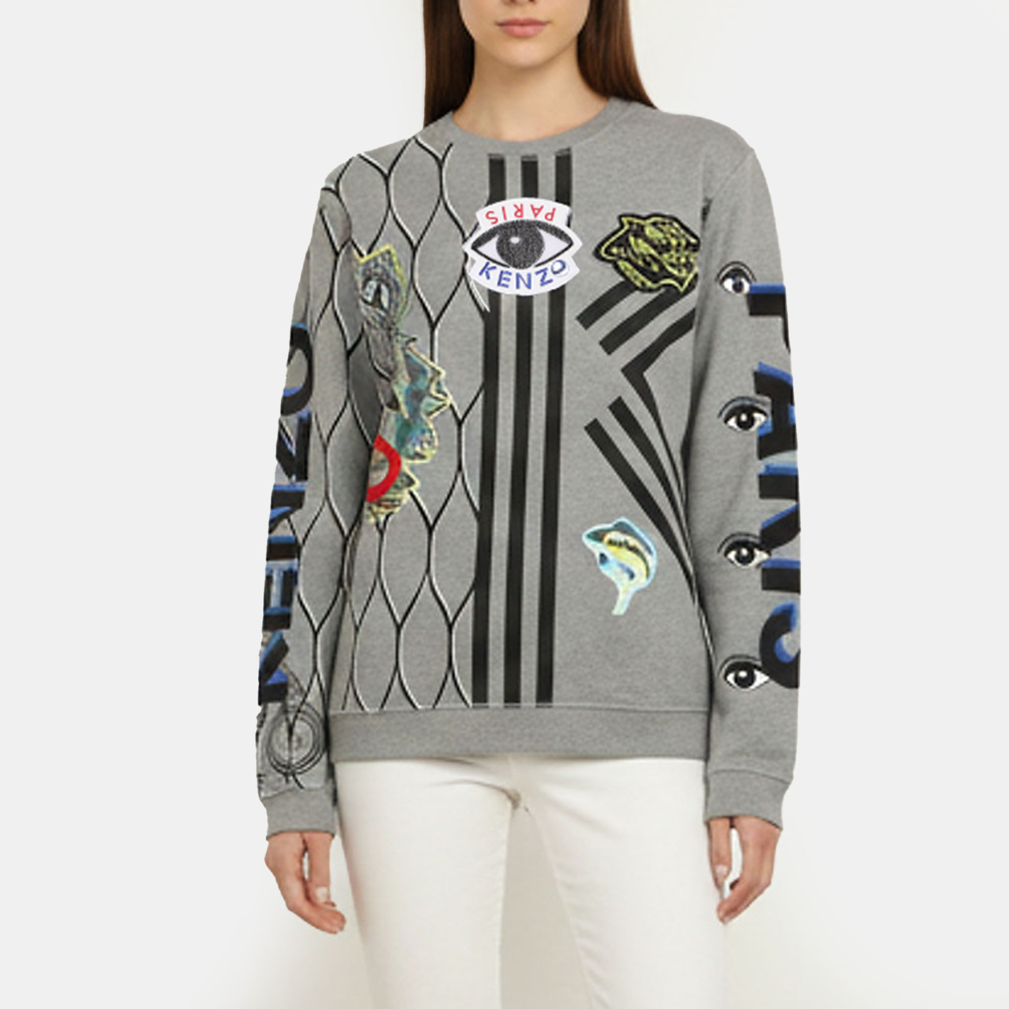 Kenzo Grey Multicolor Embroidered Jersey Sweater L