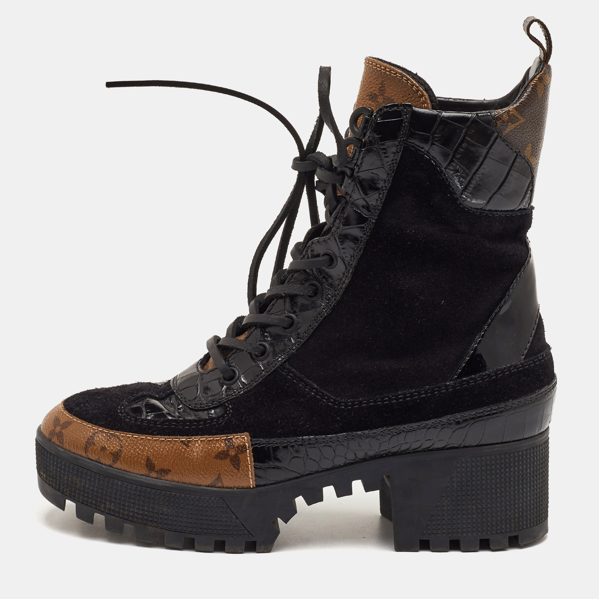 Louis Vuitton Laureate Size 38 Black Suede and Reverse Monogram Canvas Combat Boots