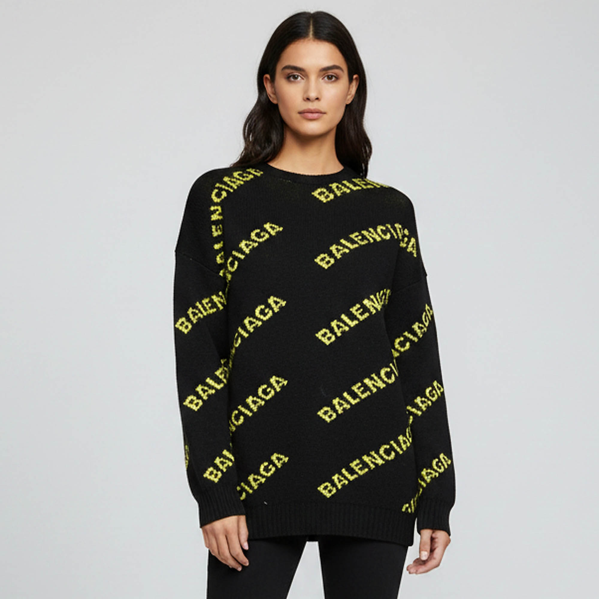 Balenciaga Black/Yellow All Over Logo Intarsia Knit Crewneck Sweater M
