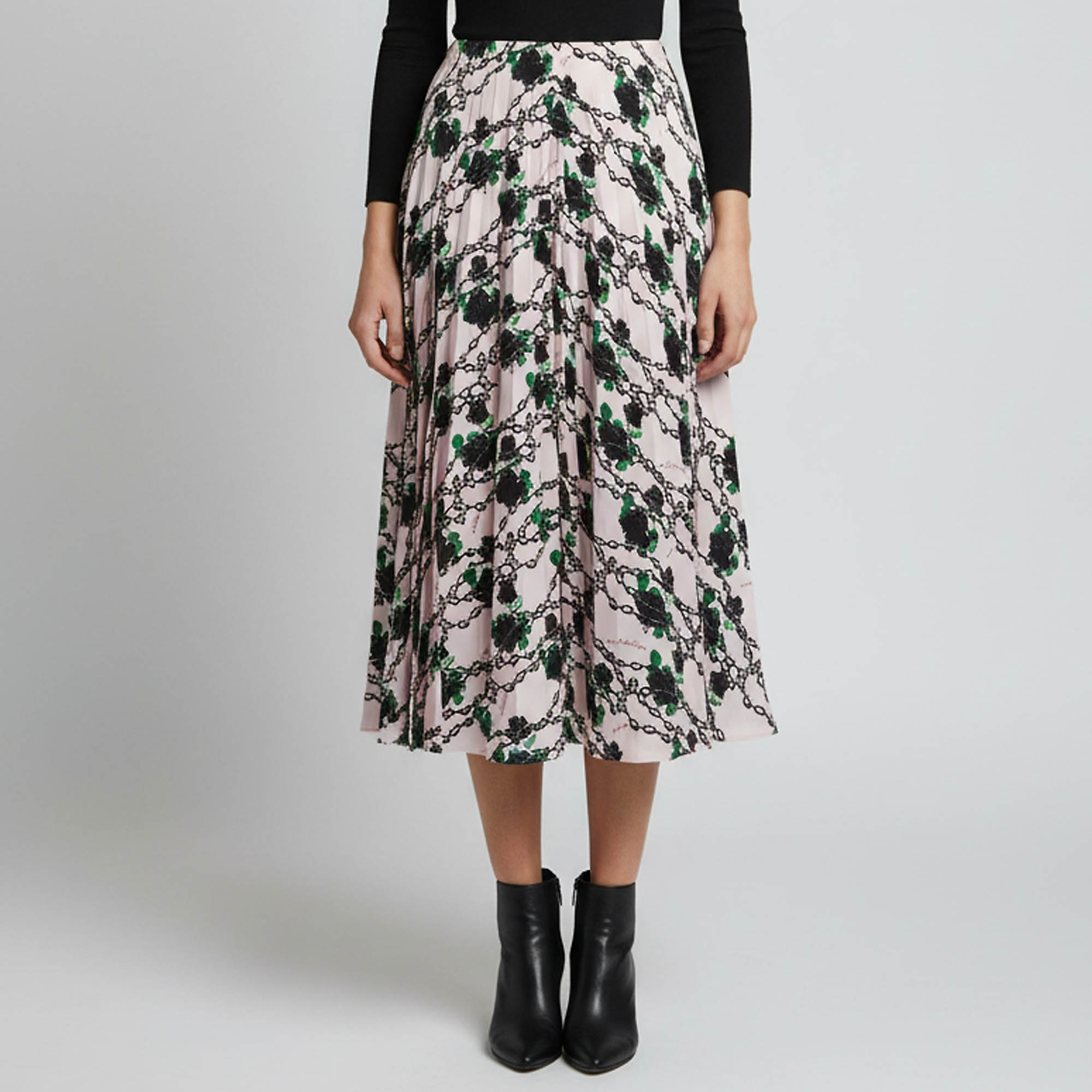 Valentino x Undercover Pink Chain Rose Print Silk Pleated Midi Skirt S