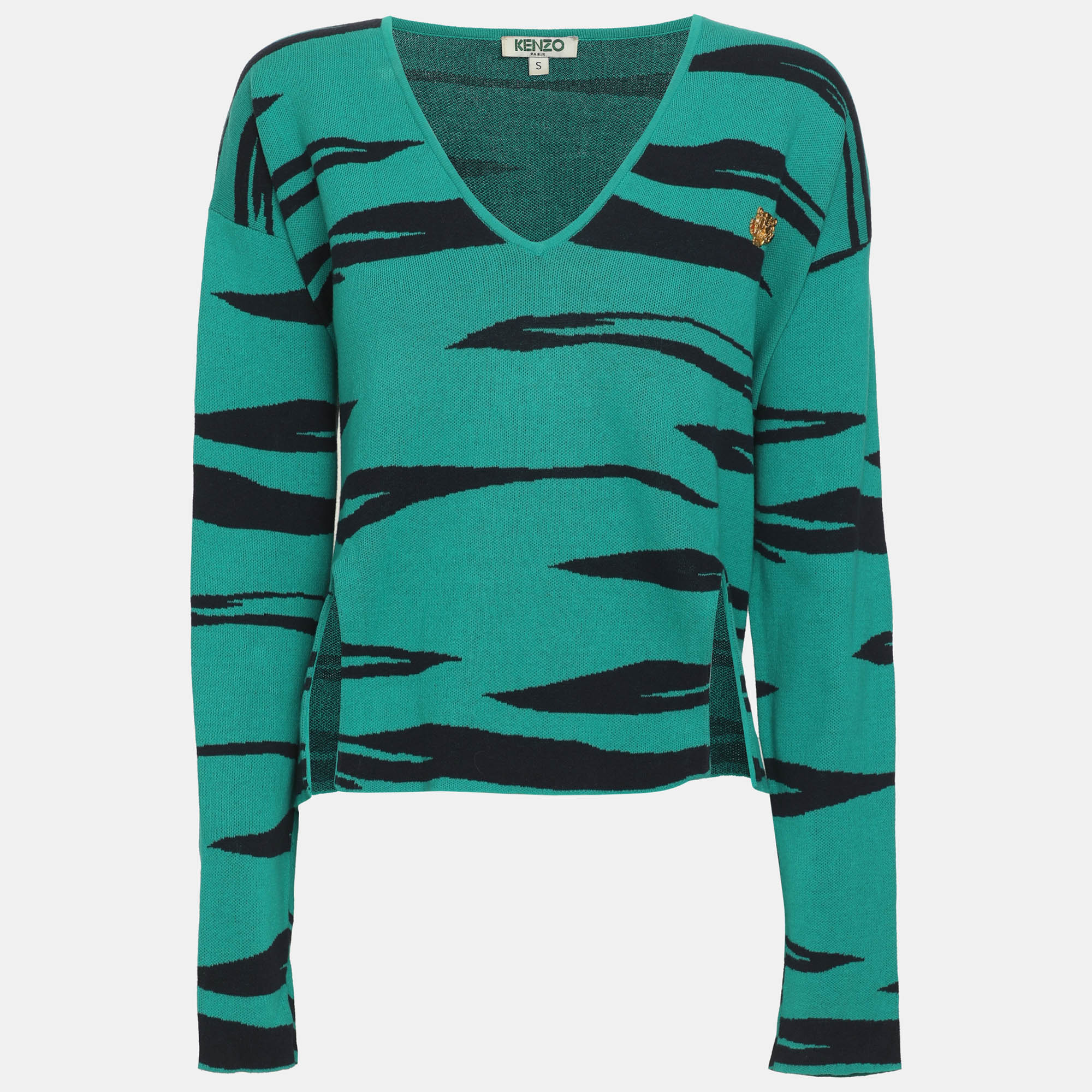 Kenzo Green/Navy Blue Tiger Print Jersey Cropped Sweater S