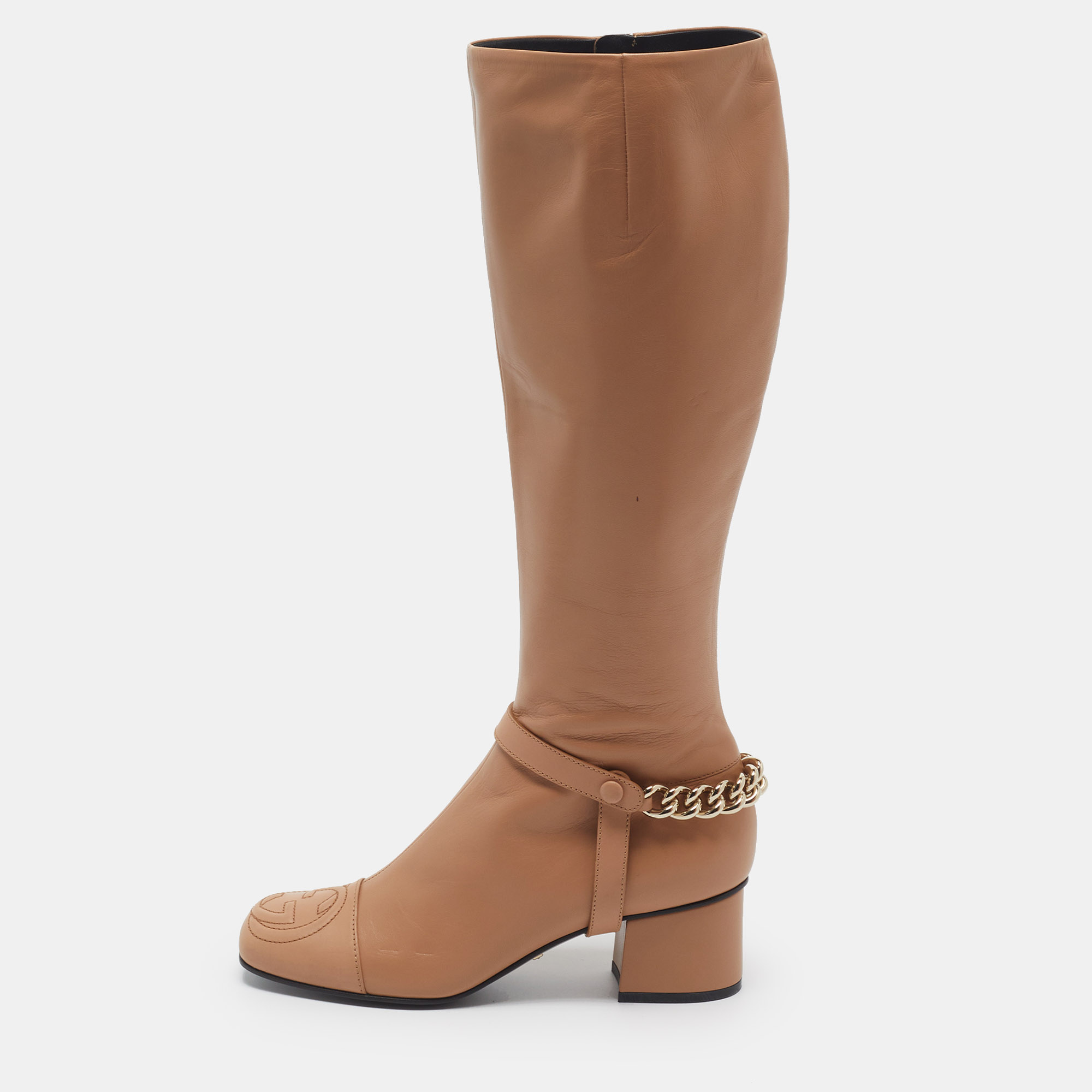 Gucci Size 37 Beige Leather Knee Length Block Heal Boots