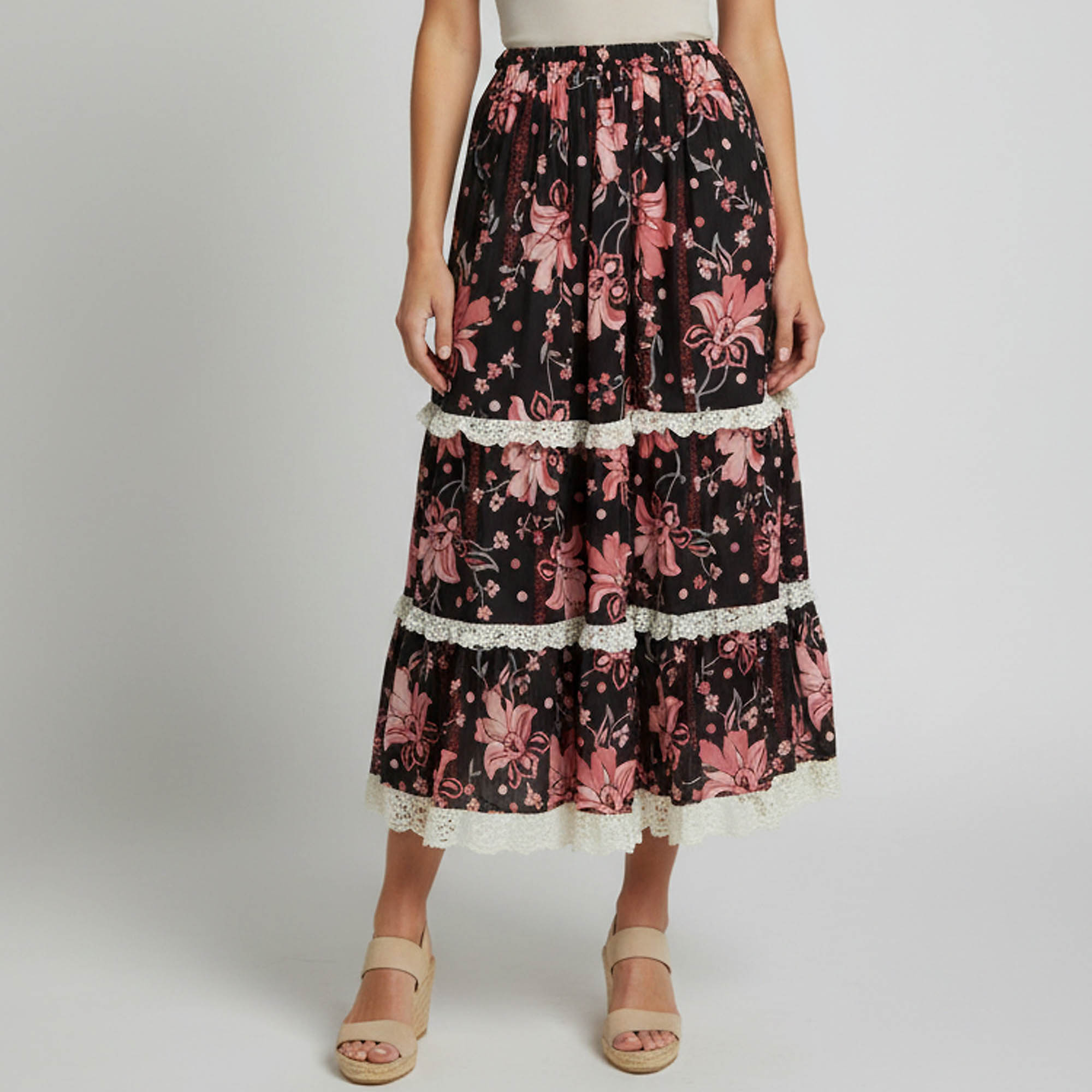 Gucci Black Floral Print Crepe and Lace Trim Tiered Midi Skirt M