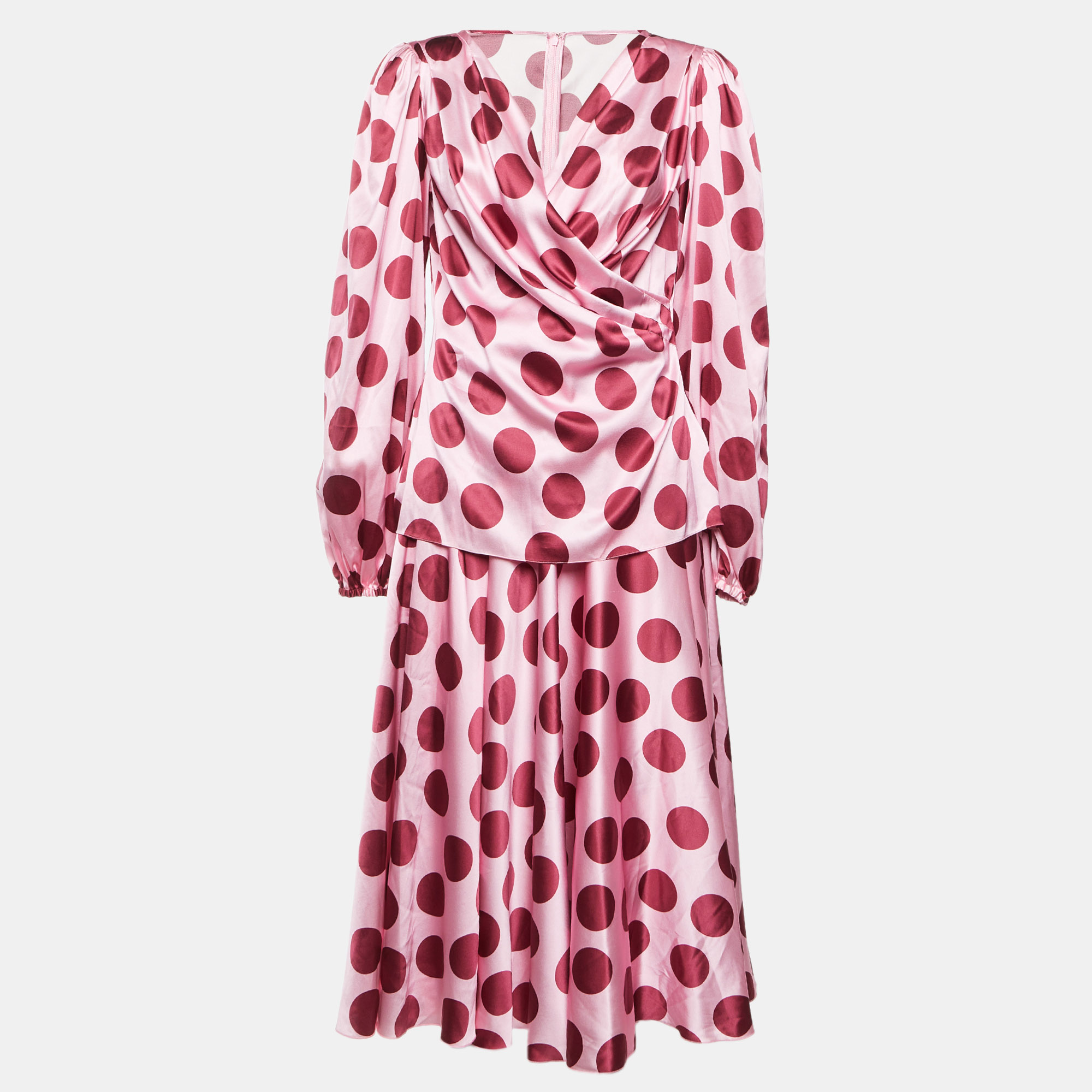 Dolce & Gabbana Pink Polka Dot Satin Blouse and Skirt Set M