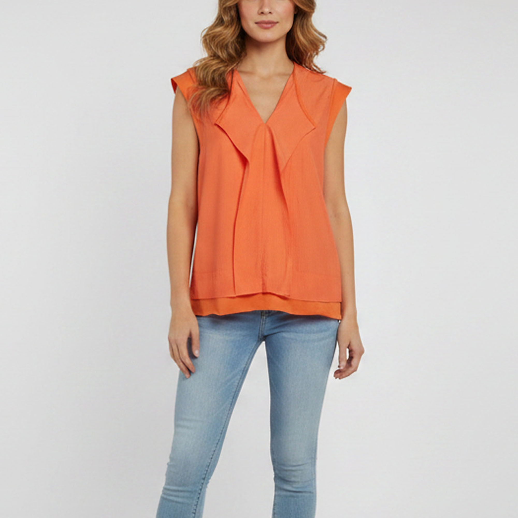 Kenzo Orange Textured Crepe and Cotton Cap Sleeve Blouse L