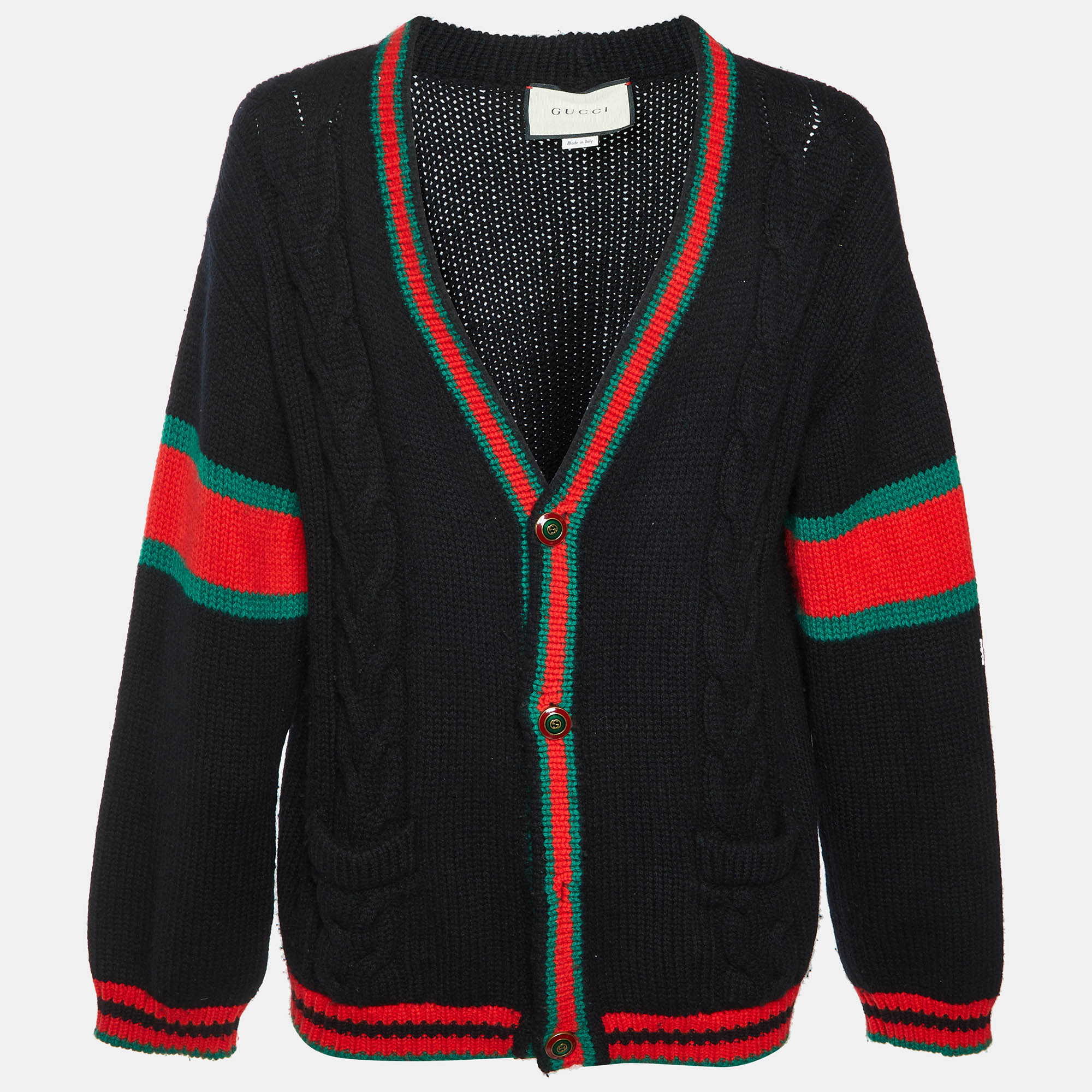 Gucci Black Web Accent Cable Knit Oversize Cardigan XL