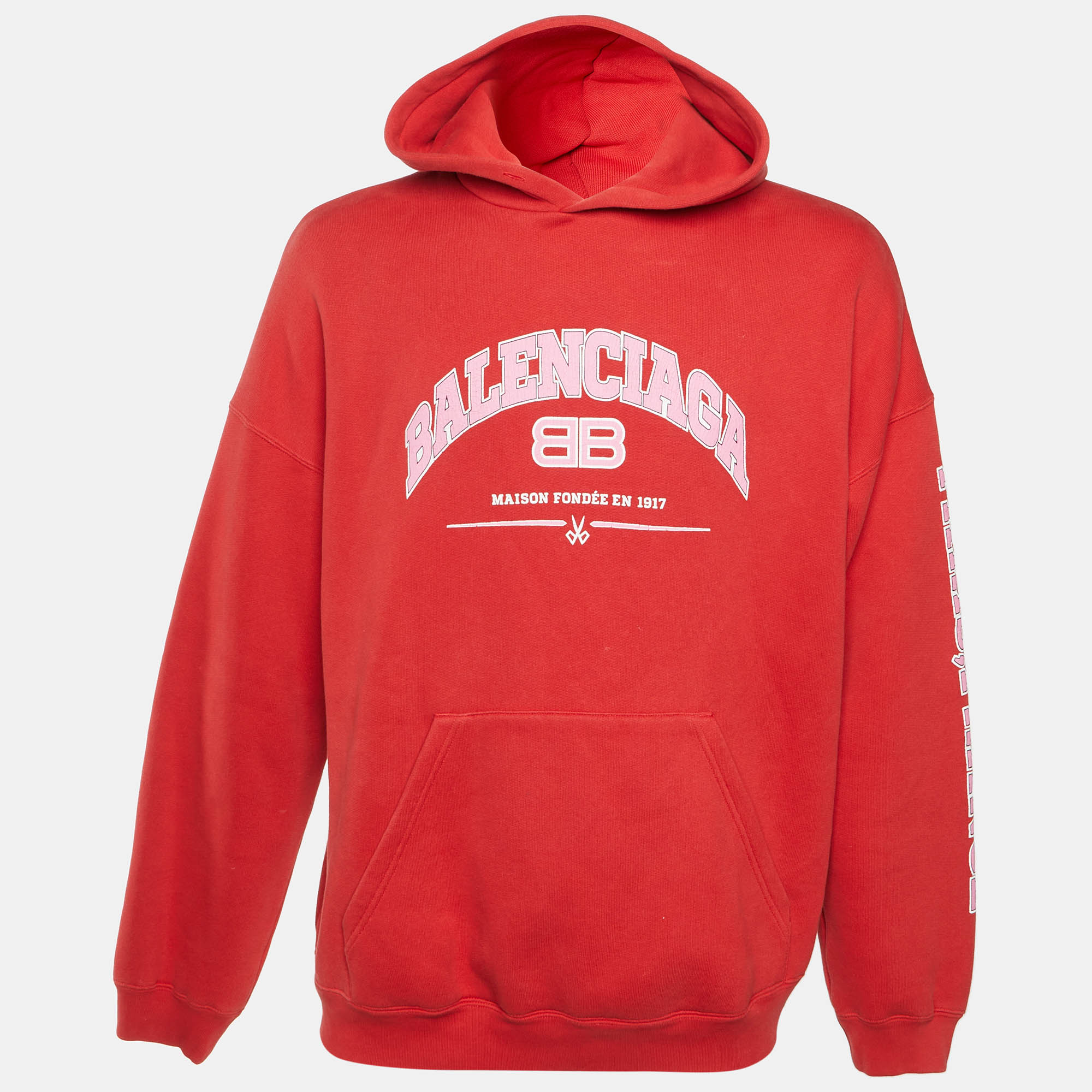 Balenciaga Unisex Red Logo Print Cotton Jersey Wide Fit Hoodie S
