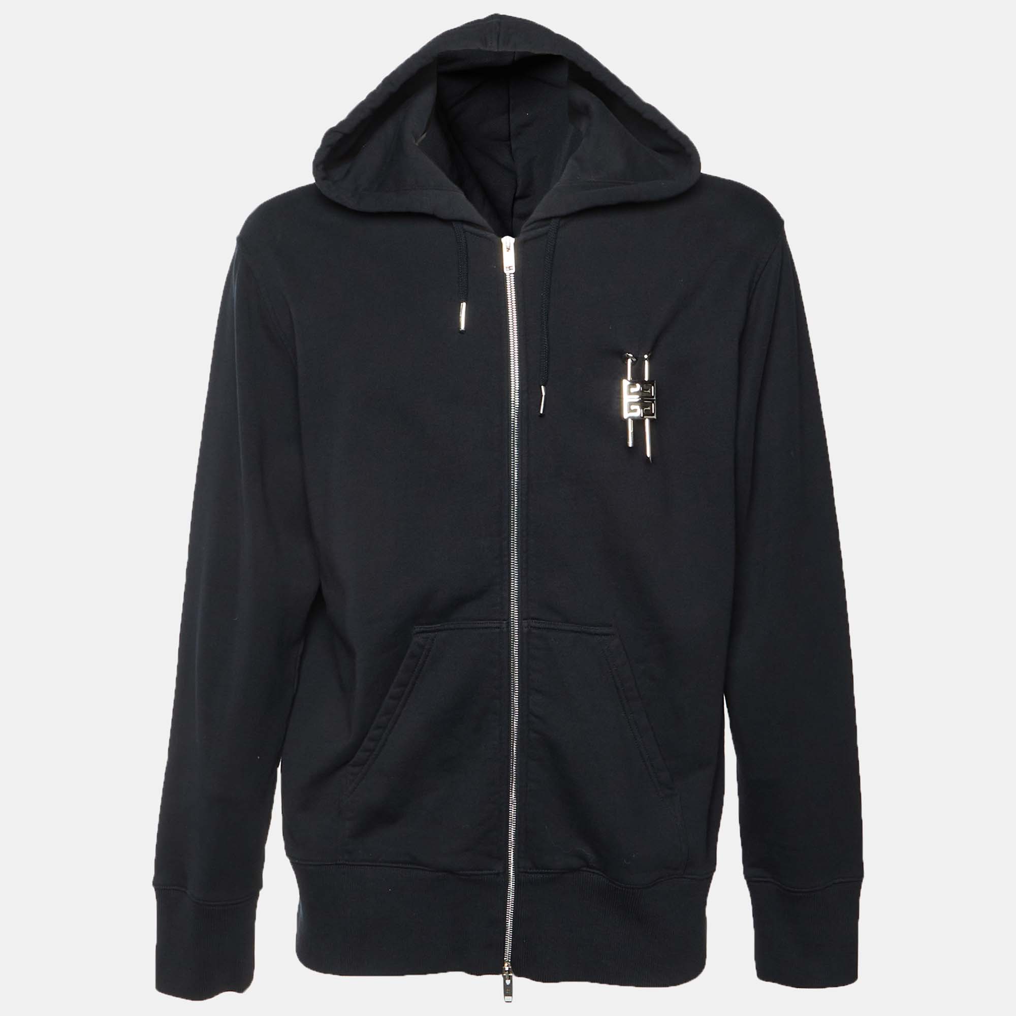 Givenchy Black Cotton Jersey Padlock Detail Zip Up Hoodie L