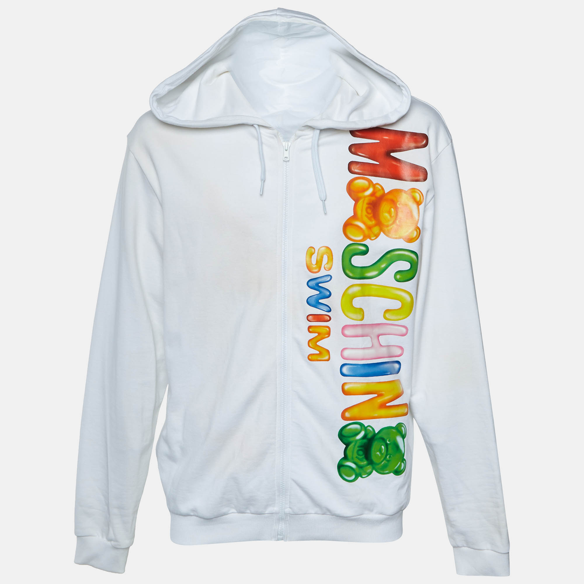 Moschino Swim White Logo Print Cotton Jersey Zip Up Hoodie XL